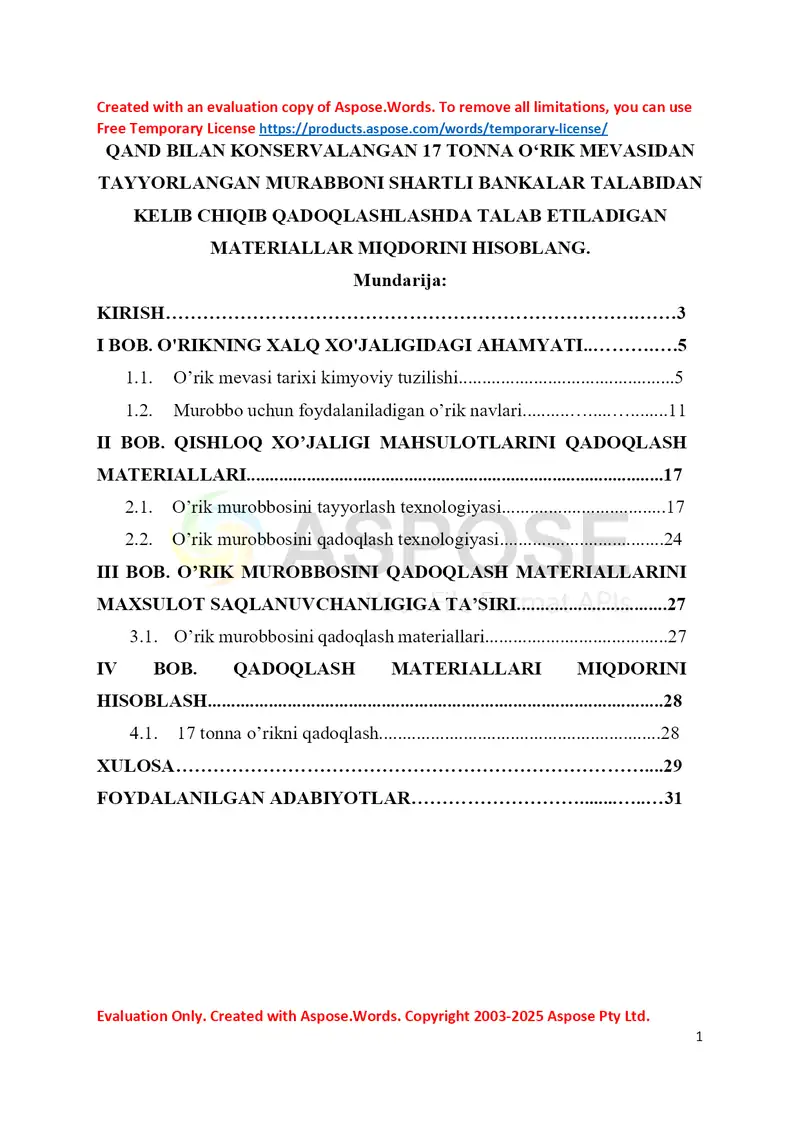 QAND BILAN KONSERVALANGAN 17 TONNA O‘RIK MEVASIDAN TAYYORLANGAN MURABBA