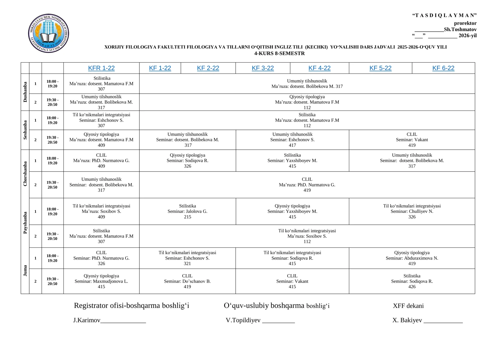 FILOLOGIYA VA TILLARNI O‘QITISH INGLIZ TILI (KECHKI) YO‘NALISHI DARS JADVALI 2025-2026-O‘QUV YILI