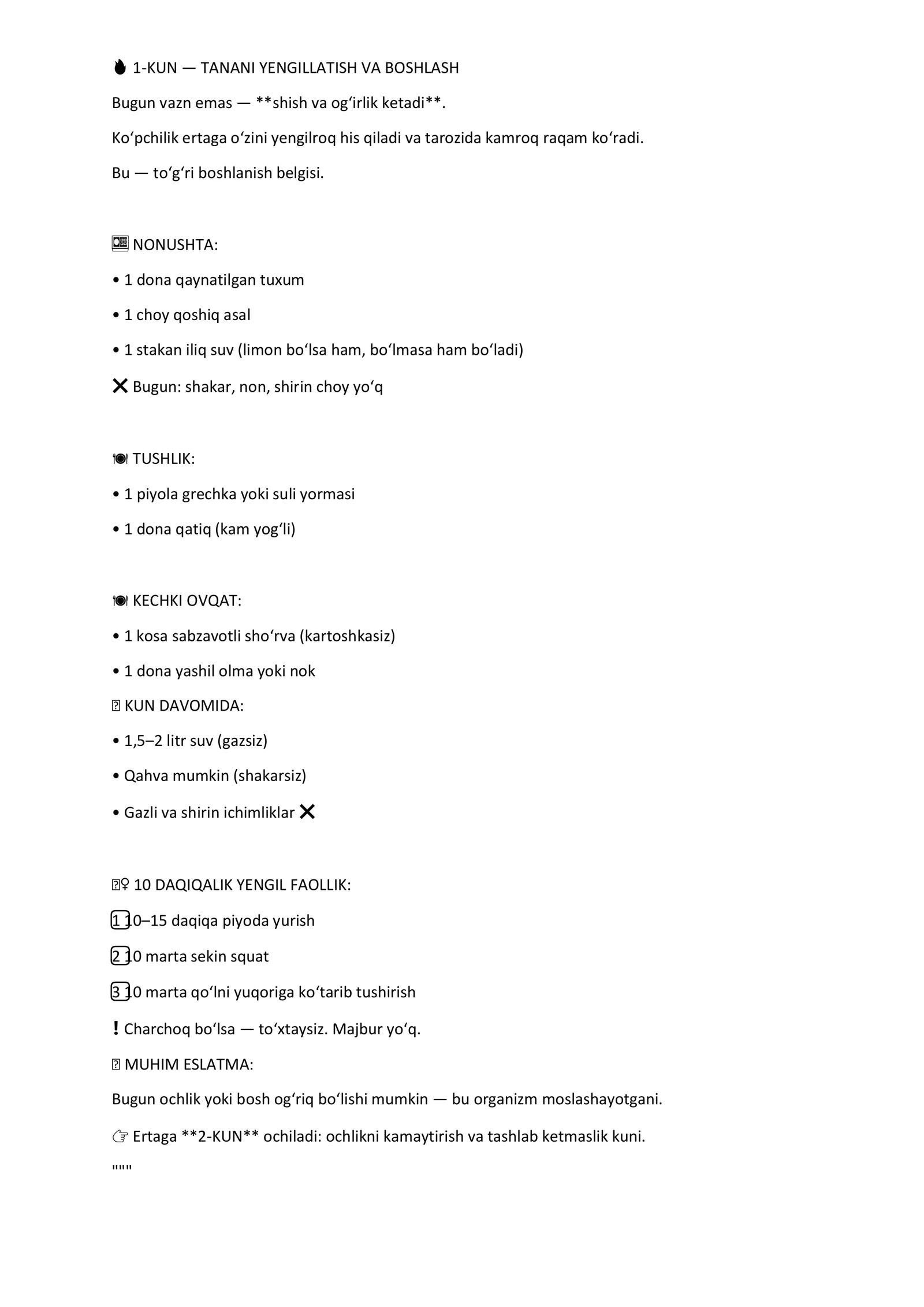 Ozish uchun 30 kunlik menyu, mashq va motivatsiya