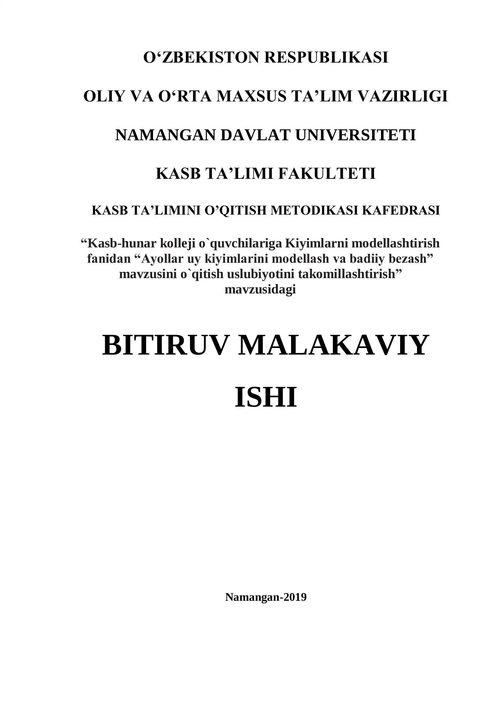 Ayollar uy kiyimlarini modellash va badiiy bezash