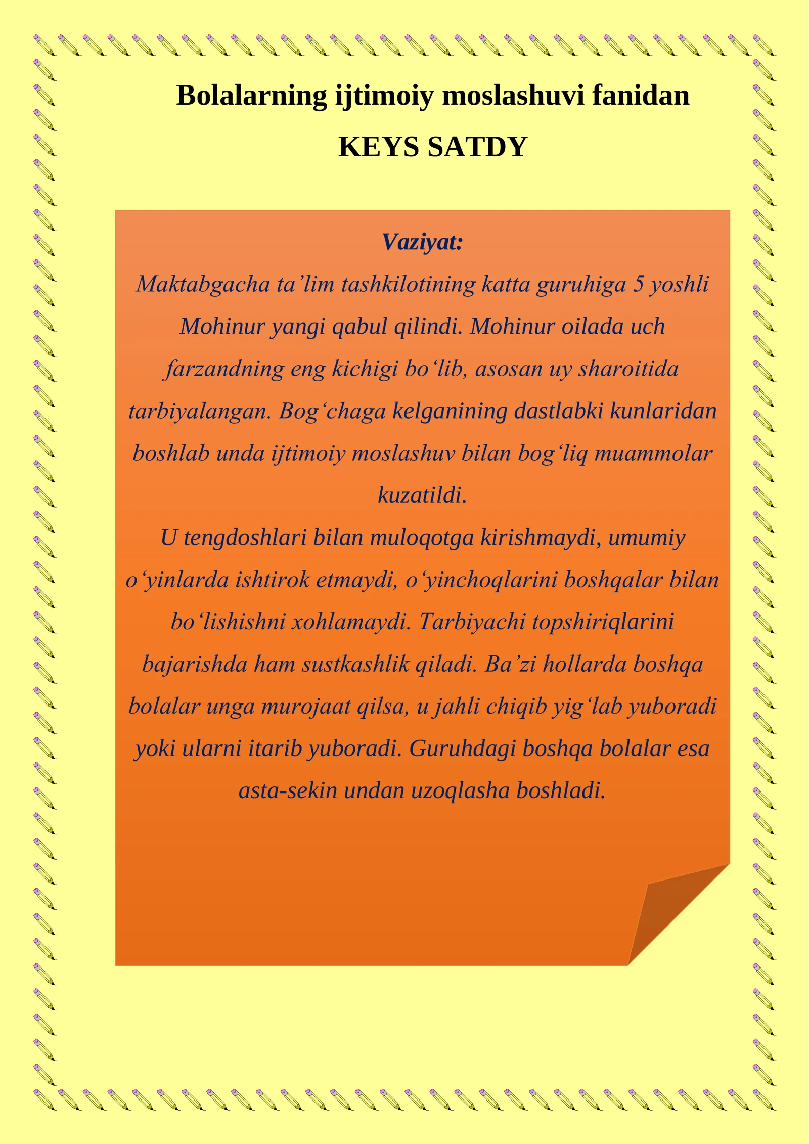 Bolalarning ijtimoiy moslashuvi fanidan