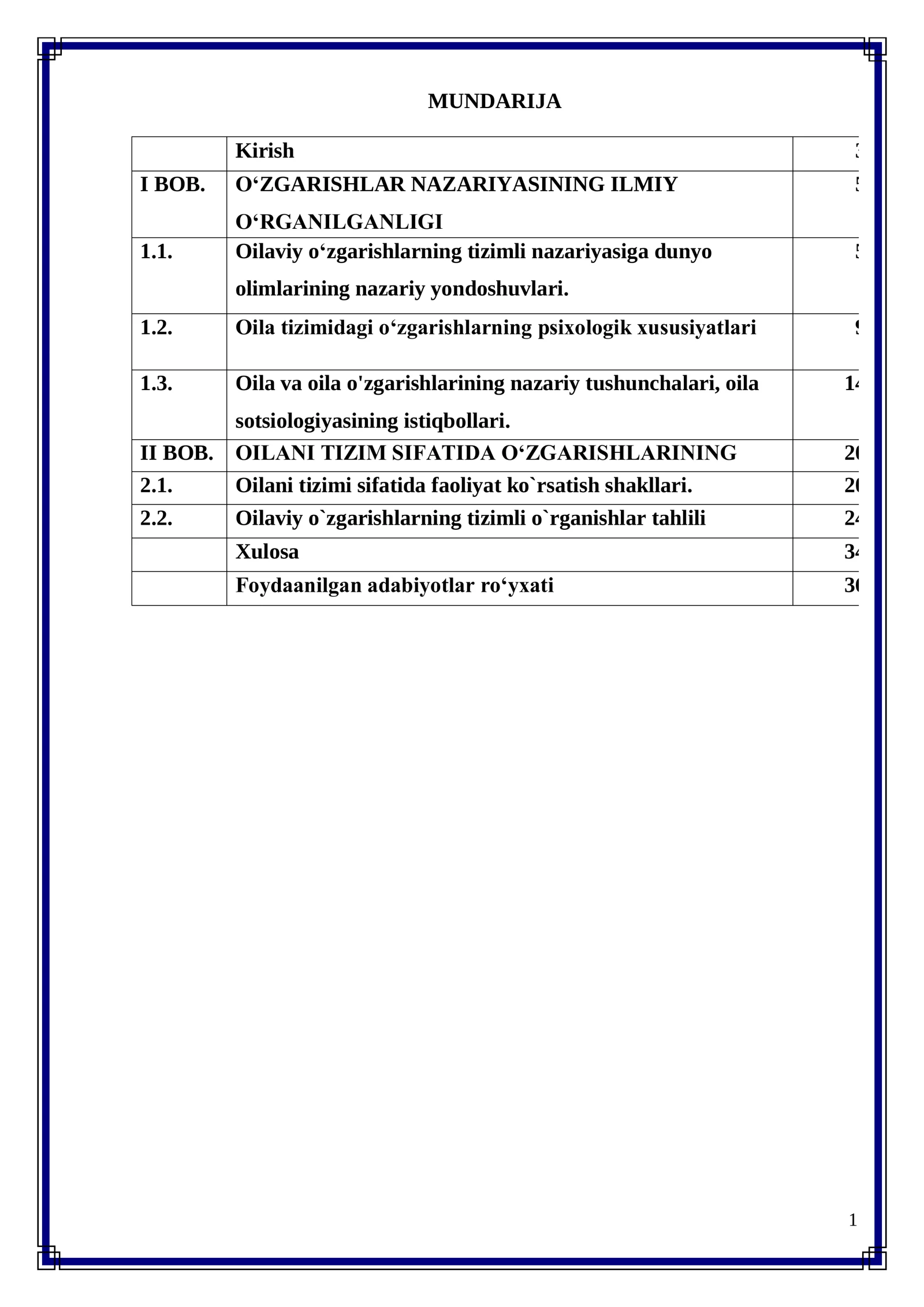 Oila tizimi sifatida o'zgarishlarining