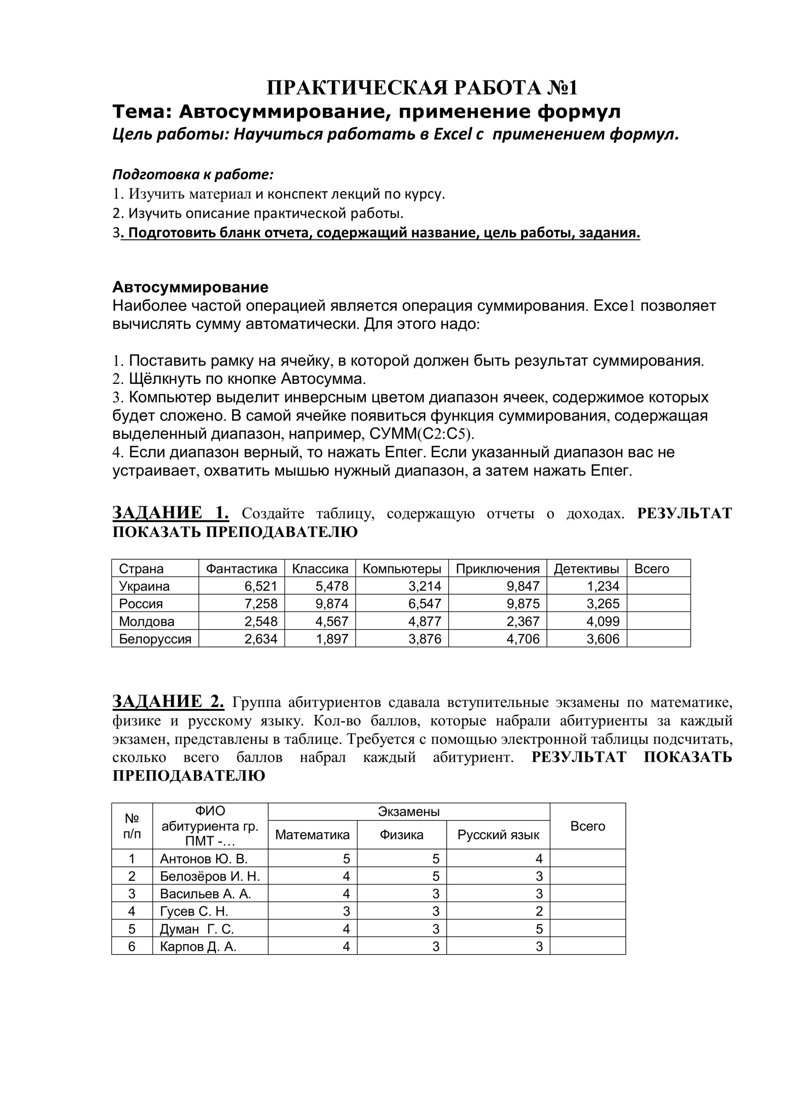 Автосуммирование, применение формул