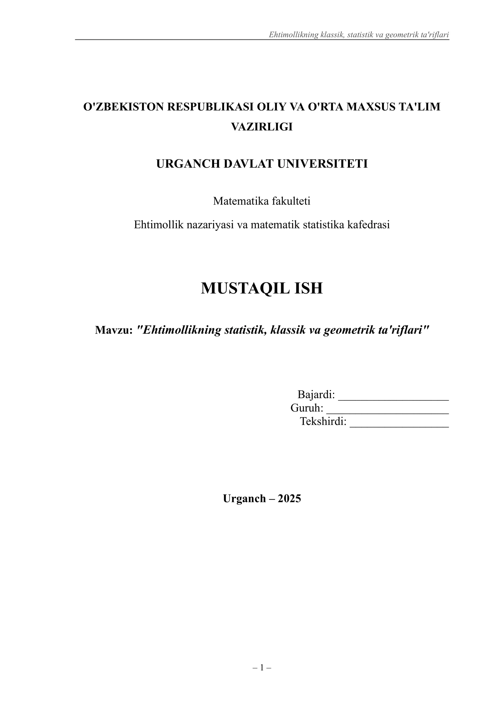 Ehtimollikning klassik, statistik va geometrik ta'riflari