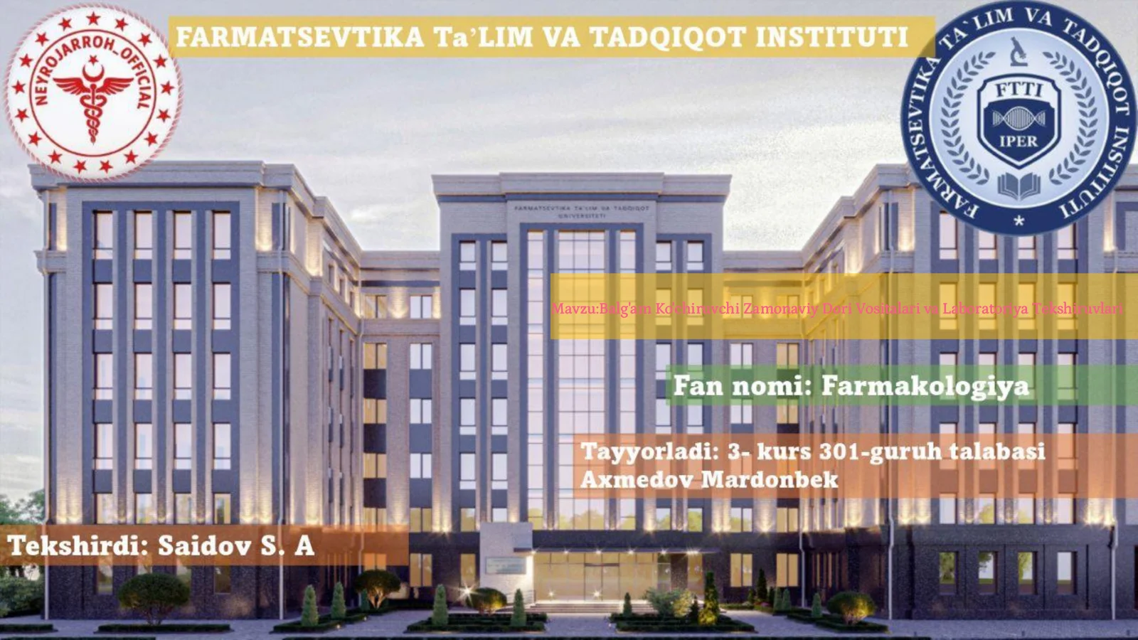 Balg'am Ko'chiruvchi Zamonaviy Dori Vositalari va Laboratoriya Tekshiruvlari