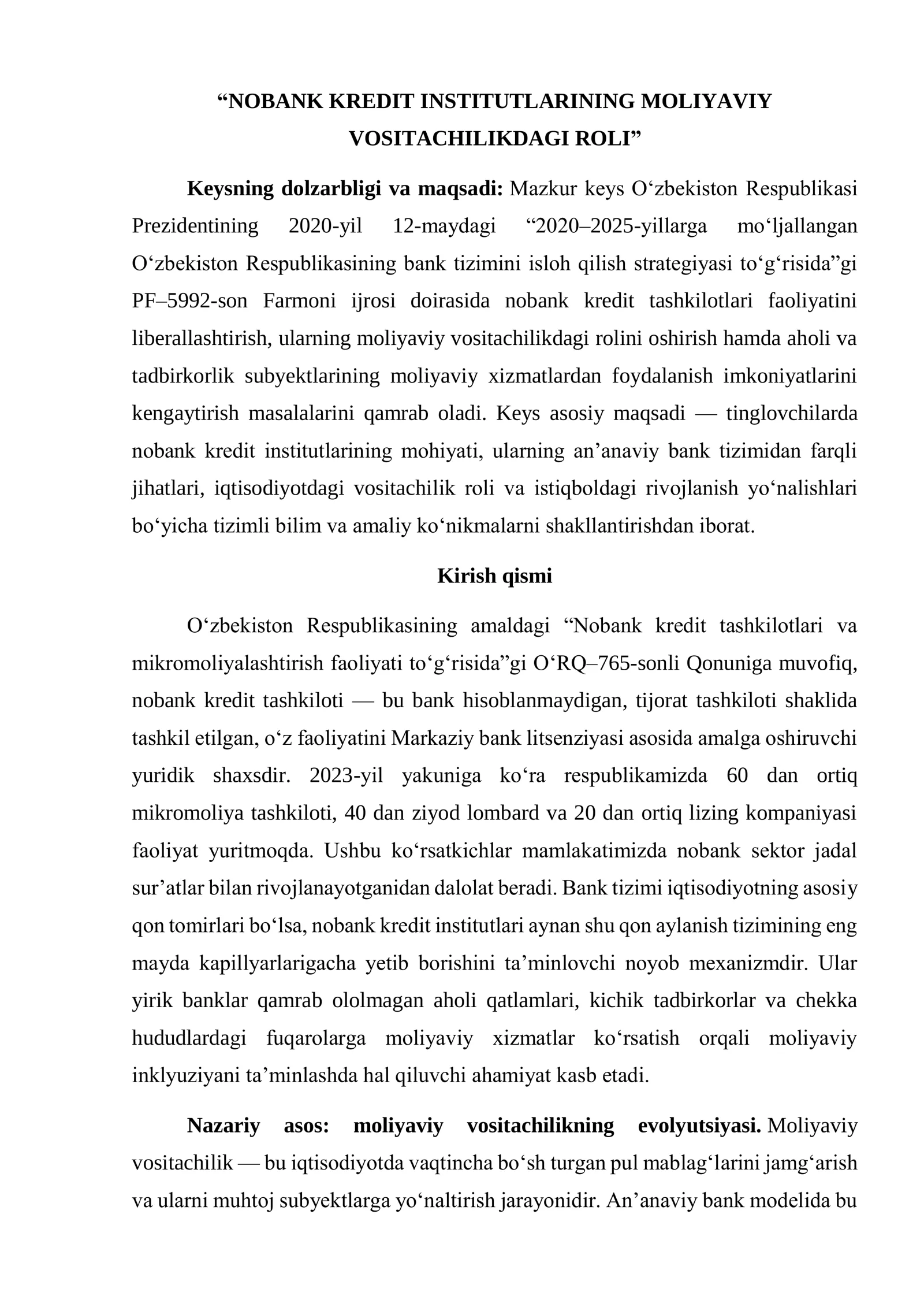 NOBANK KREDIT INSTITUTLARINING MOLIYAVIY VOSITACHILIKDAGI ROLI