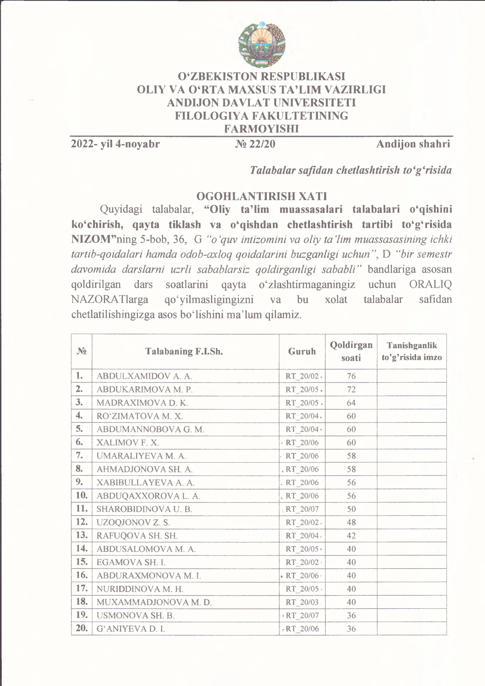 Talabalarni safidan chetlashtirish