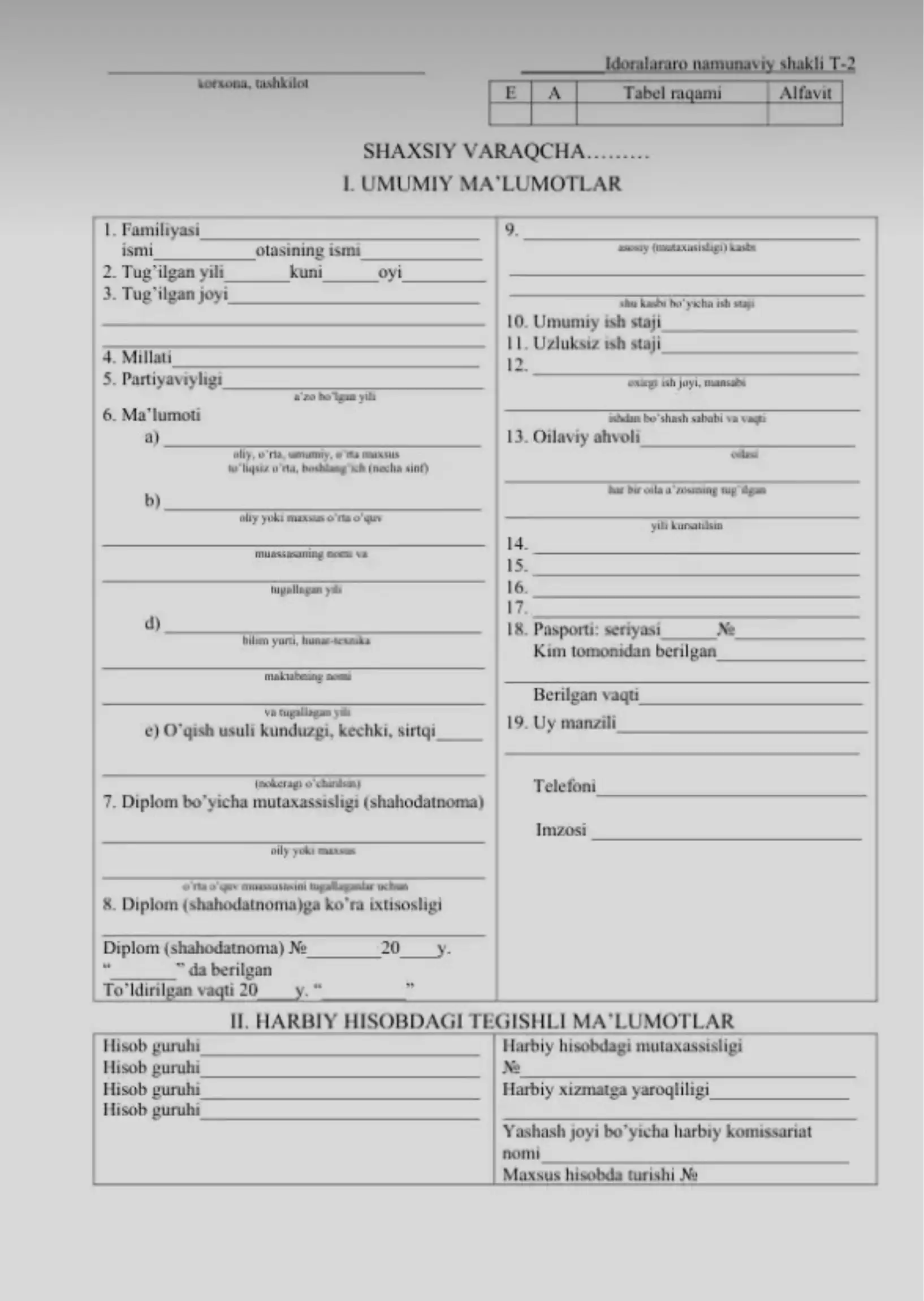 Shaxsiy varaqa namunasi