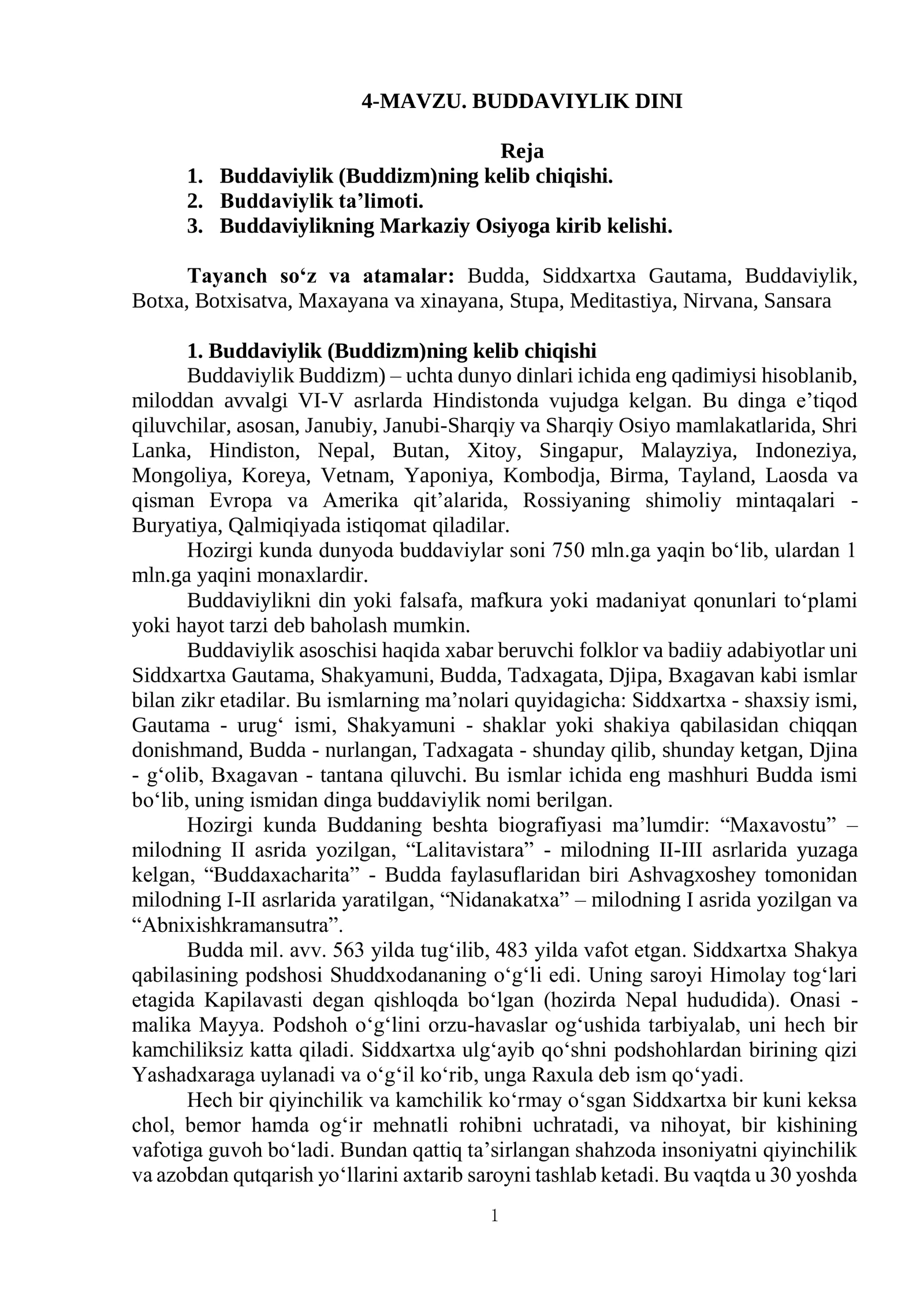 MAVZU. BUDDAVIYLIK DINI