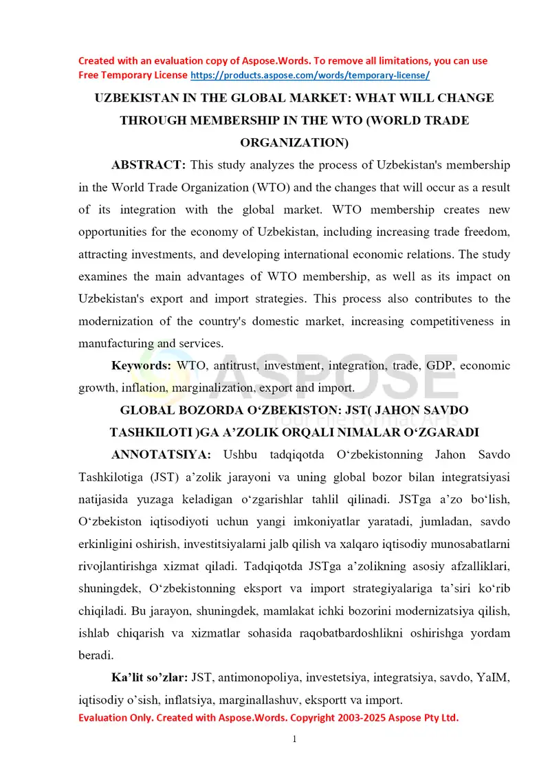 Uzbekistan in the Global Market: What Will Change Through Membership in the WTO (World Trade Organization)