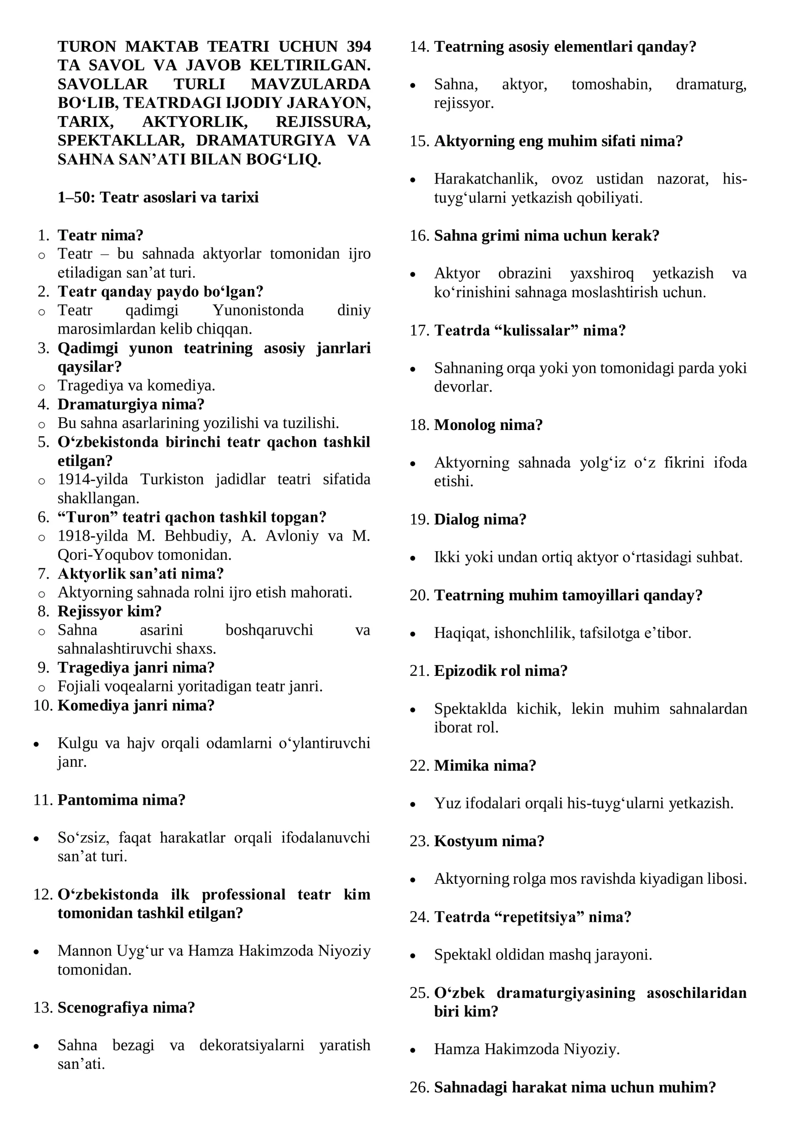 Turon Maktab Teatri Teatr asoslari