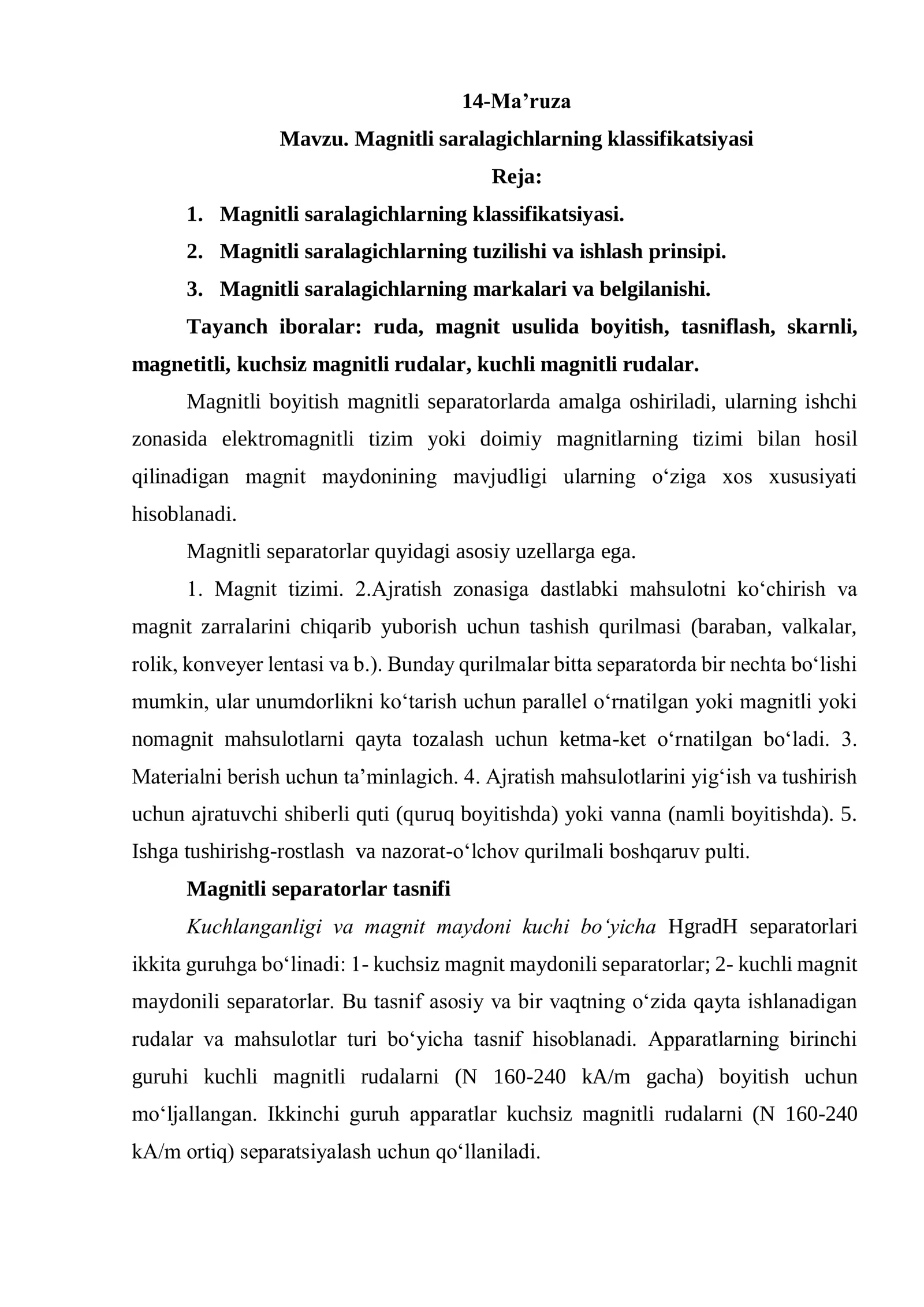 Magnitli saralagichlarning klassifikatsiyasi