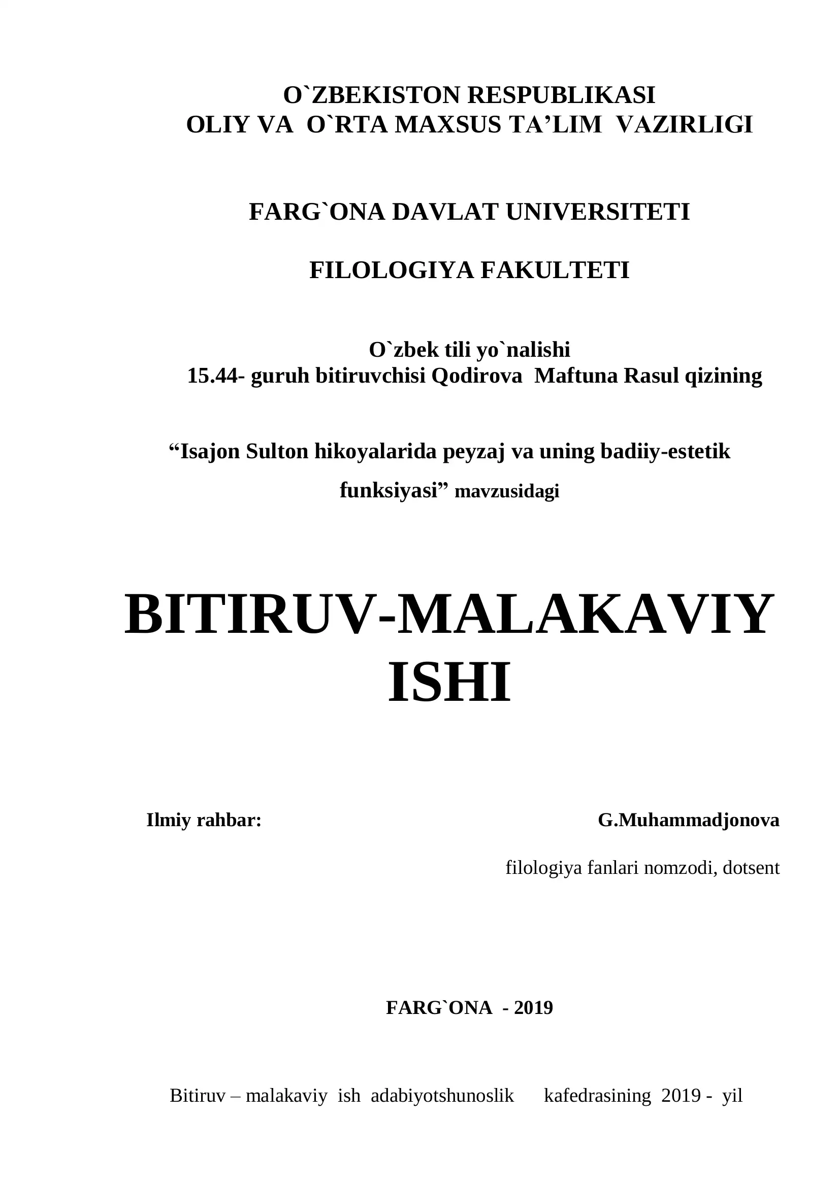 Bitiruv malakaviy ish: "Isajon Sulton hikoyalarida peyzaj va uning badiiy-estetik funksiyasi"