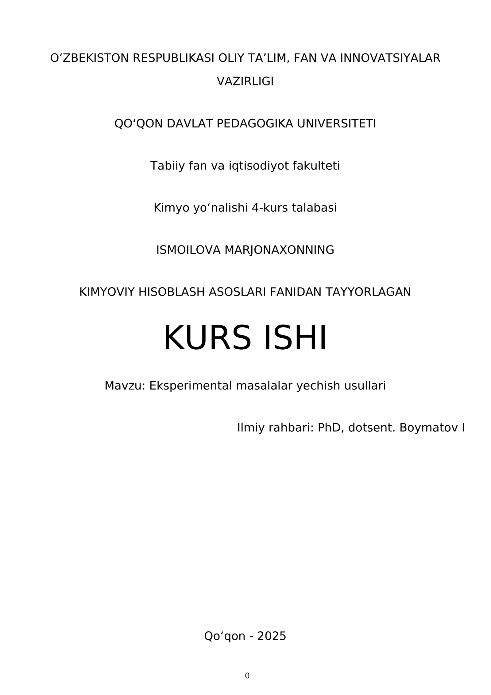 KIMYOVIY HISOBLASH ASOSLARI FANIDAN TAYYORLAGAN KURS ISHI