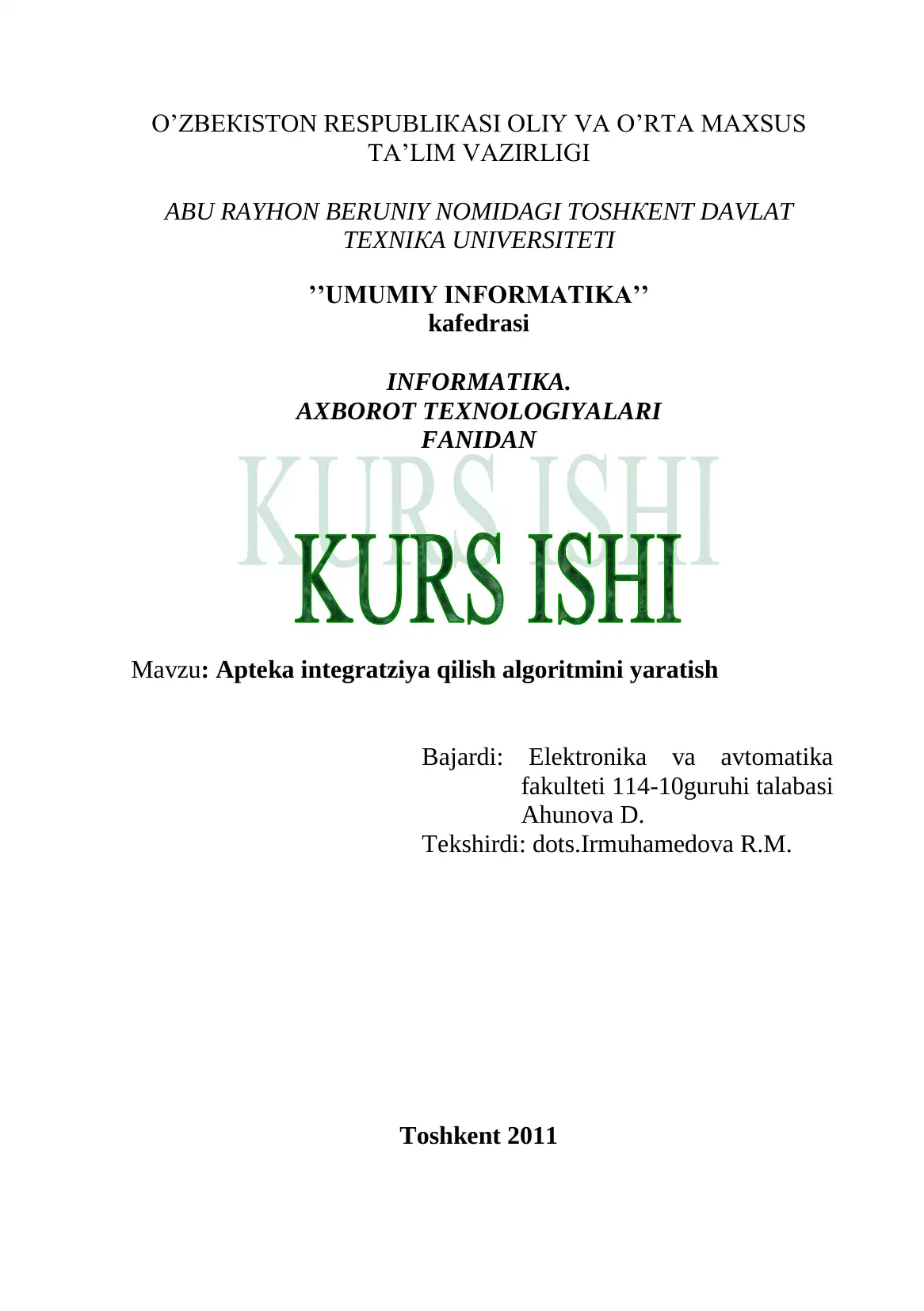 Apteka integratziya qilish algoritmini yaratish