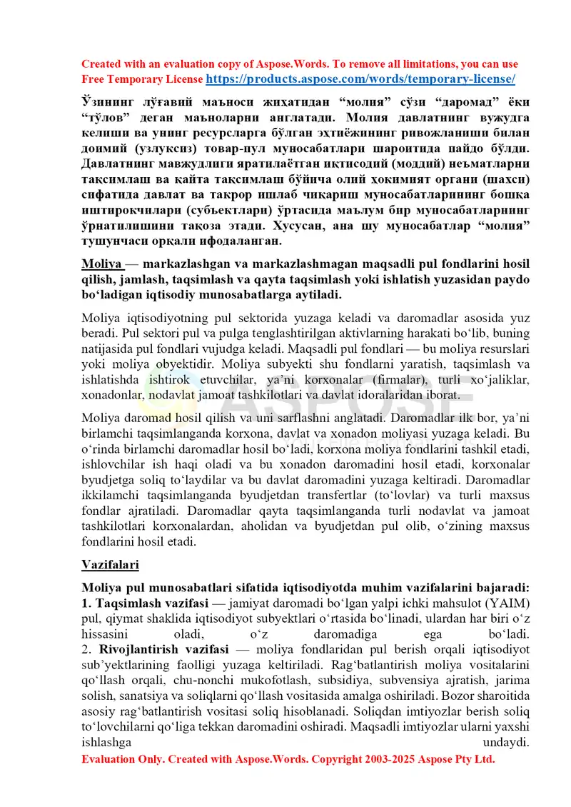 Moliya tushunchasi, vazifalari va turlari