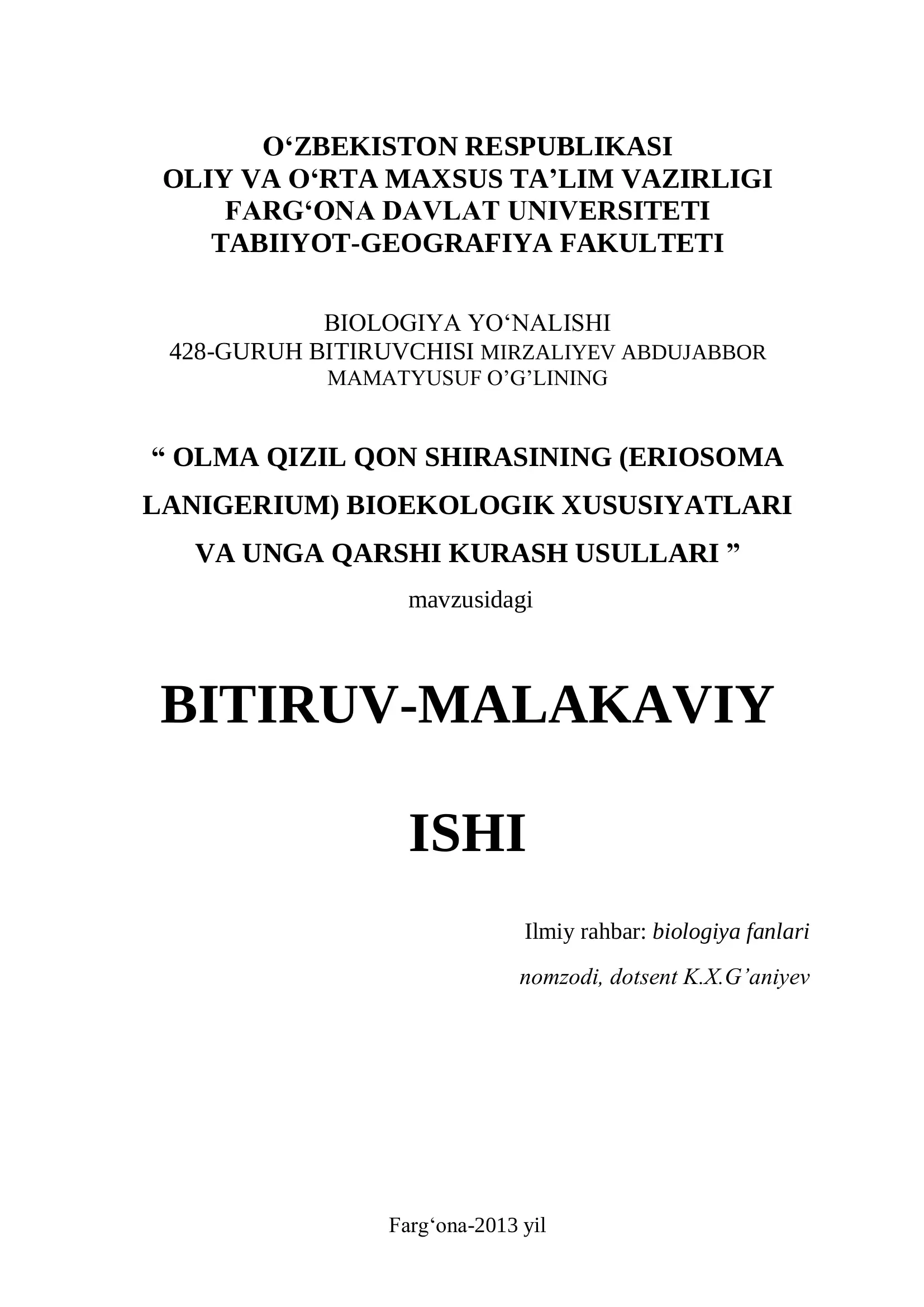 OLMA QIZIL QON SHIRASINING (ERIOSOMA LANIGERIUM) BIOEKOLOGIK XUSUSIYATLARI VA UNGA QARSHI KURASH USULLARI