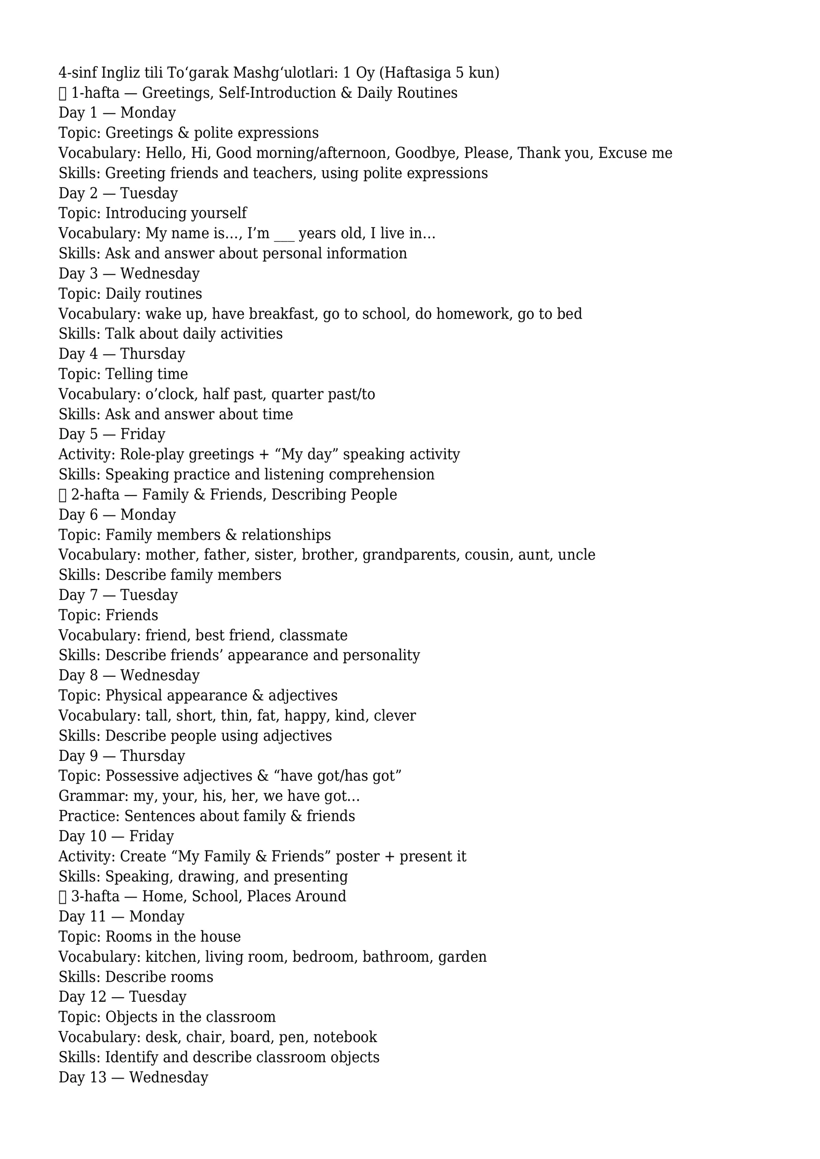 4-sinf Ingliz tili To‘garak Mashg‘ulotlari: 1 Oy (Haftasiga 5 kun)