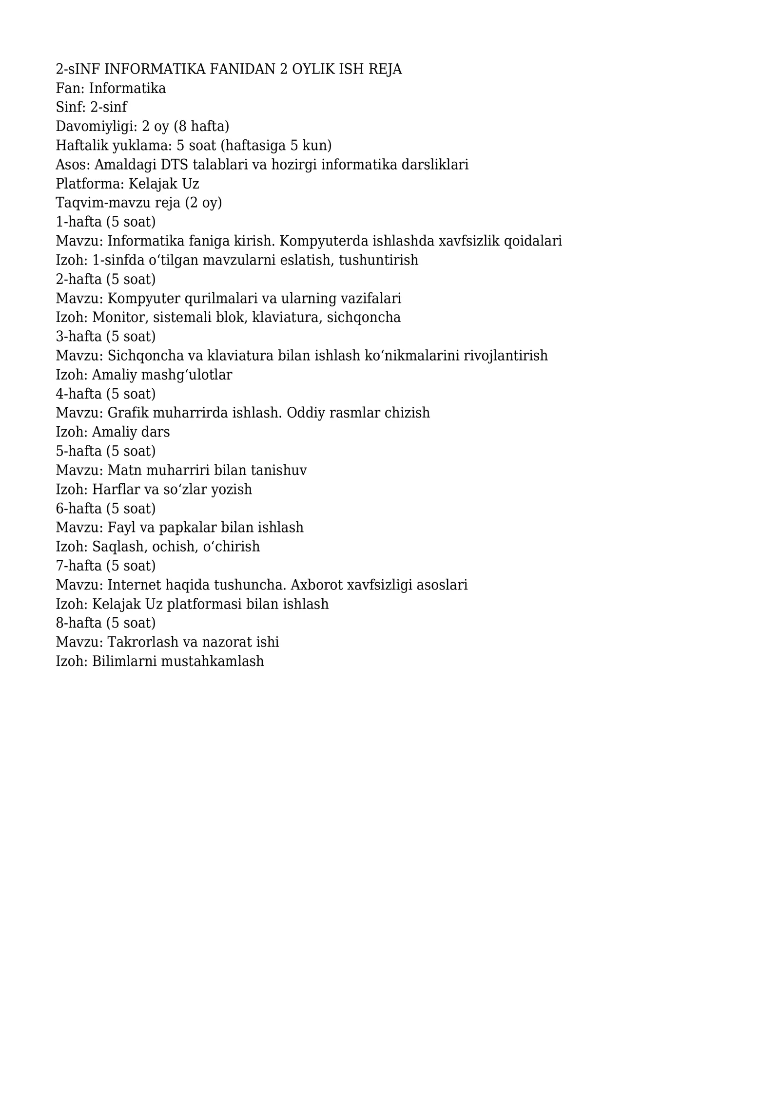 2-sINF INFORMATIKA FANIDAN 2 OYLIK ISH REJA