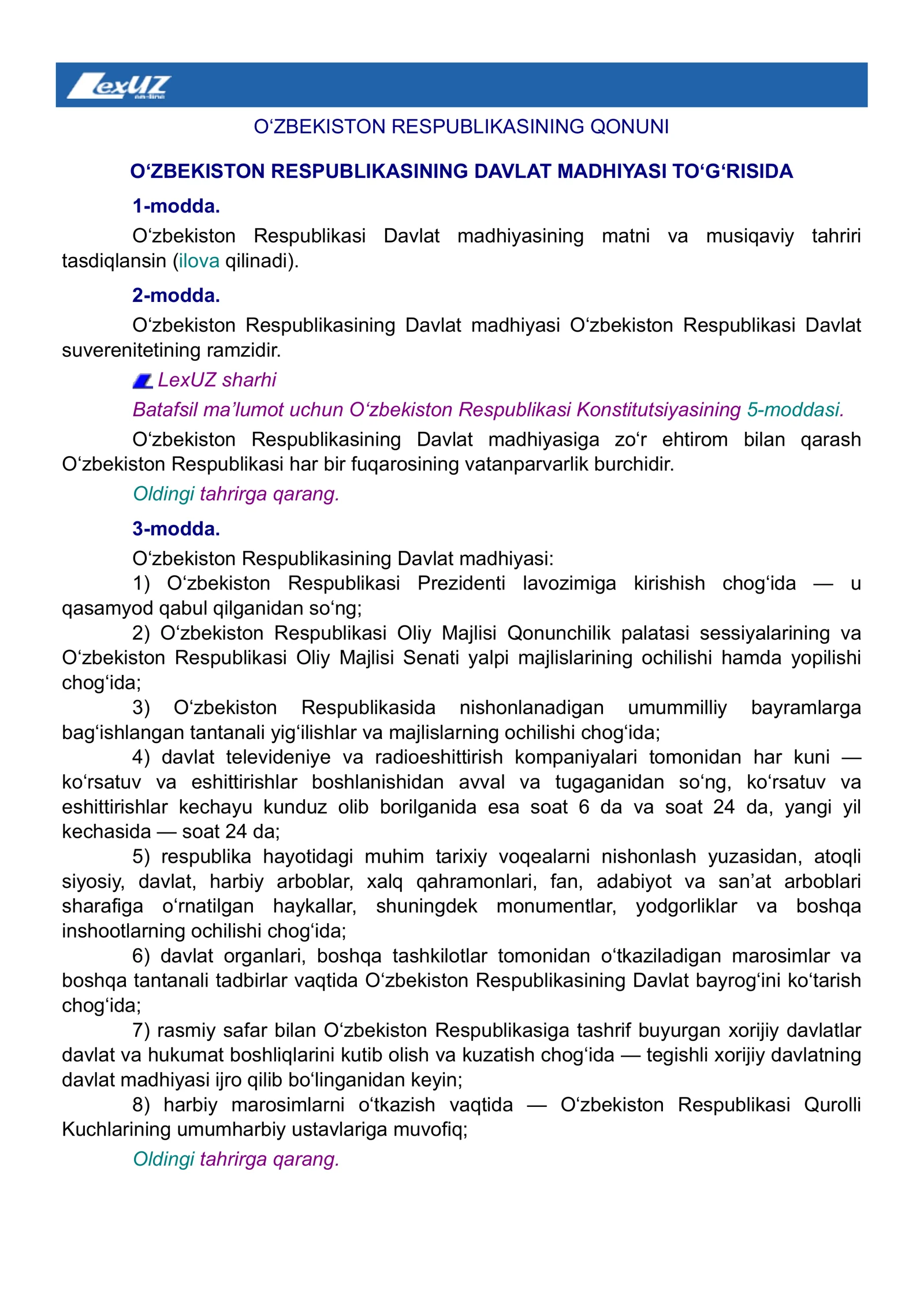 O‘ZBEKISTON RESPUBLIKASINING QONUNI