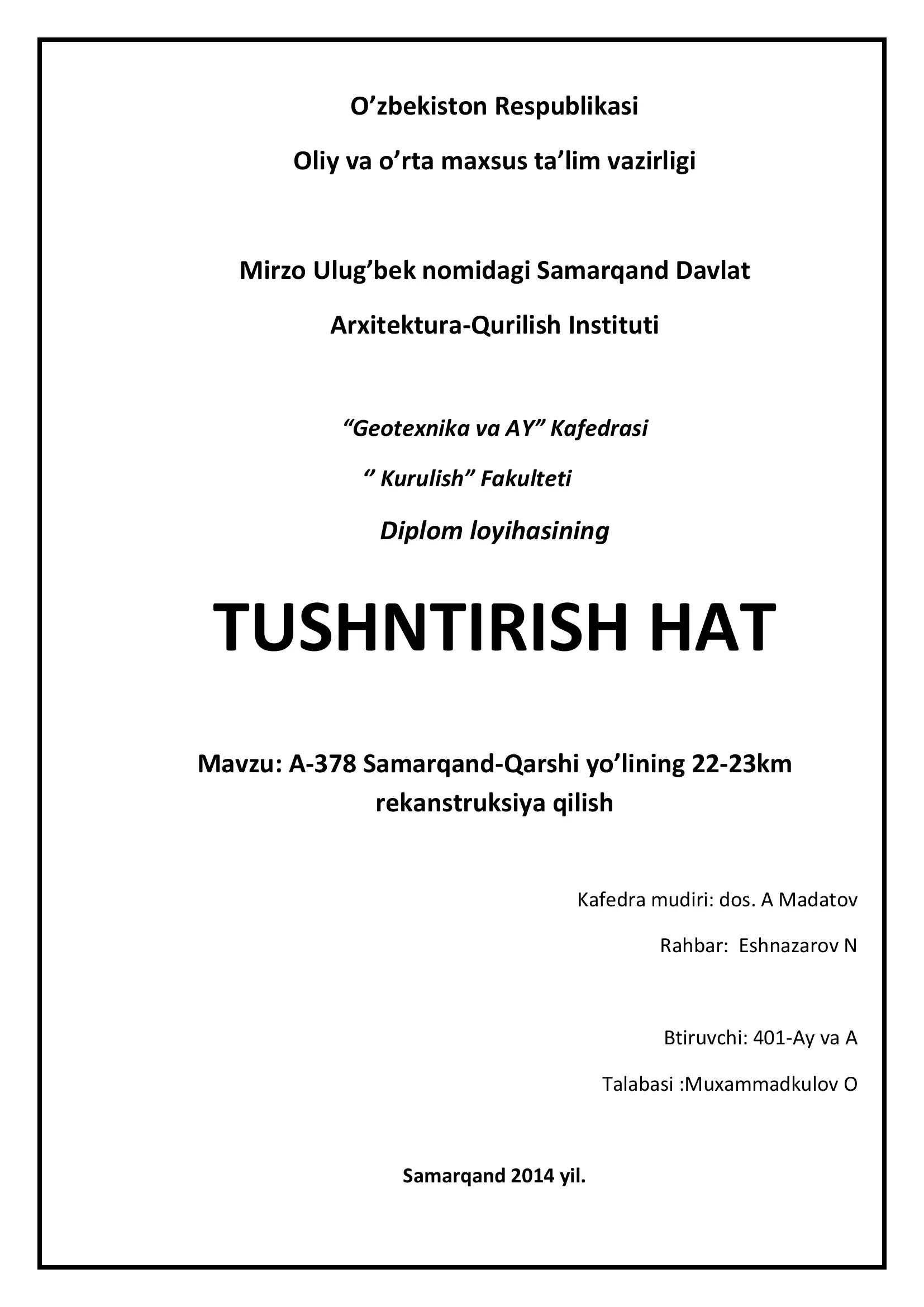 Diplom loyihasining TUSHNTIRISH HAT