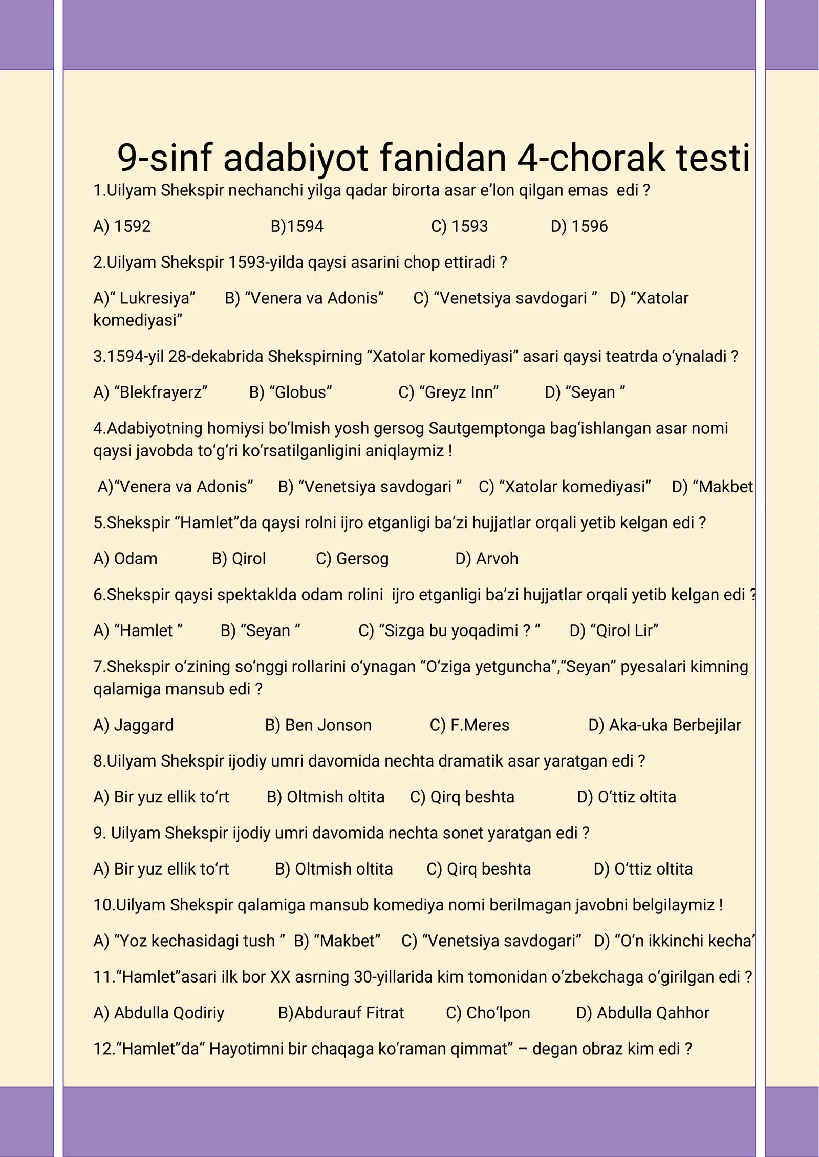 9-sinf adabiyot fanidan 4-chorak testi