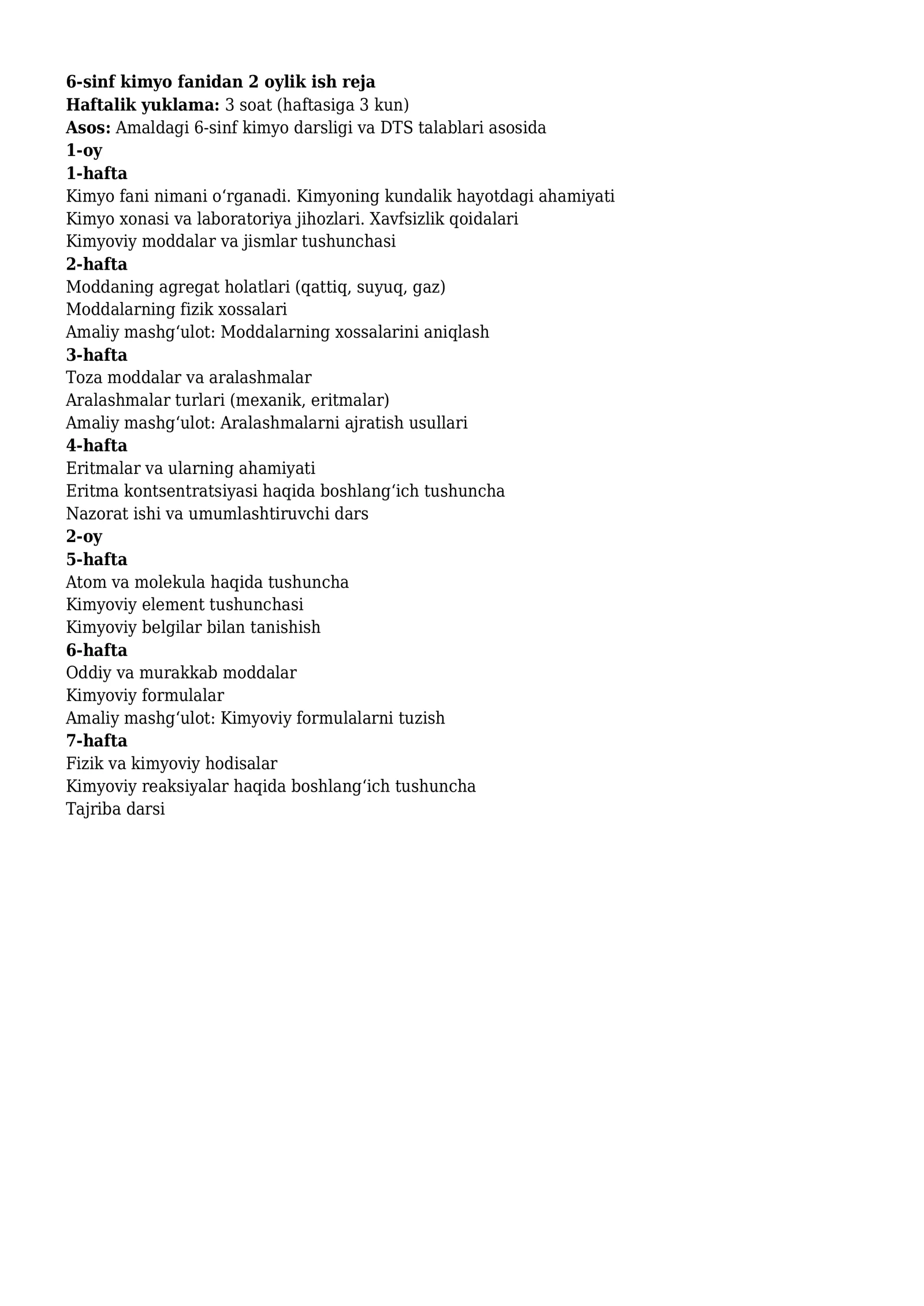 6-sinf kimyo fanidan 2 oylik ish reja