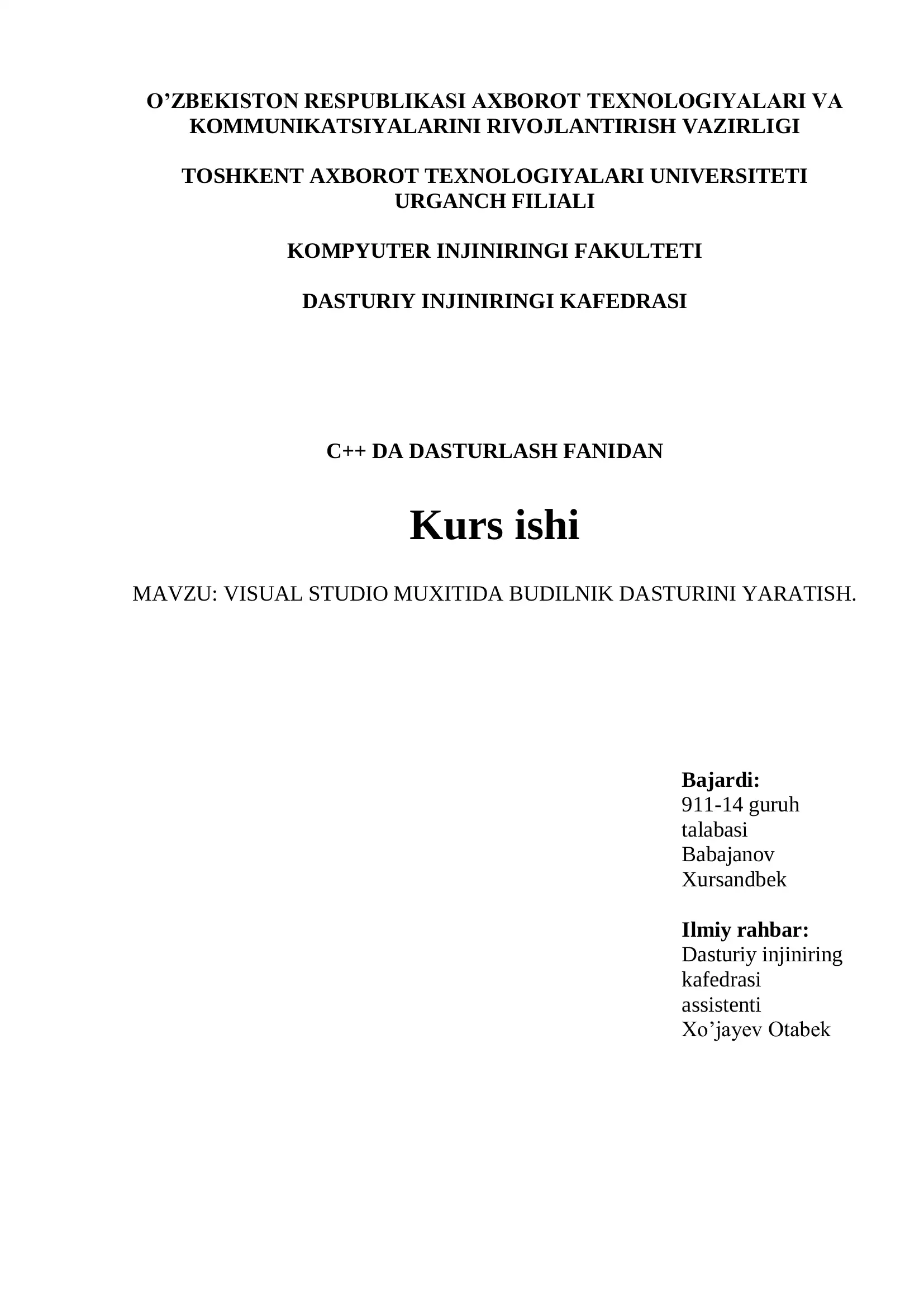 VISUAL STUDIO MUXITIDA BUDILNIK DASTURINI YARATISH