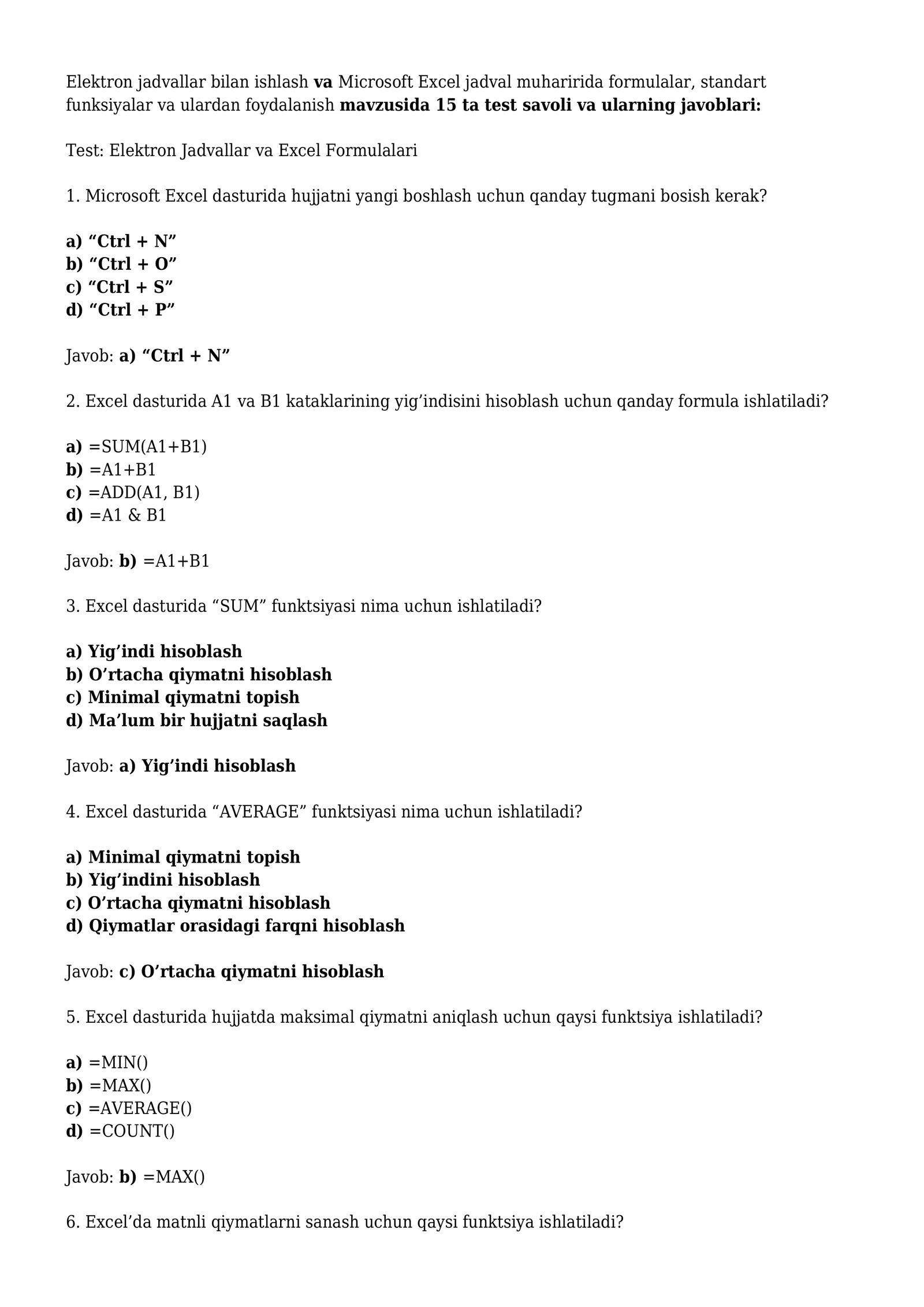 Elektron Jadvallar va Excel Formulalari