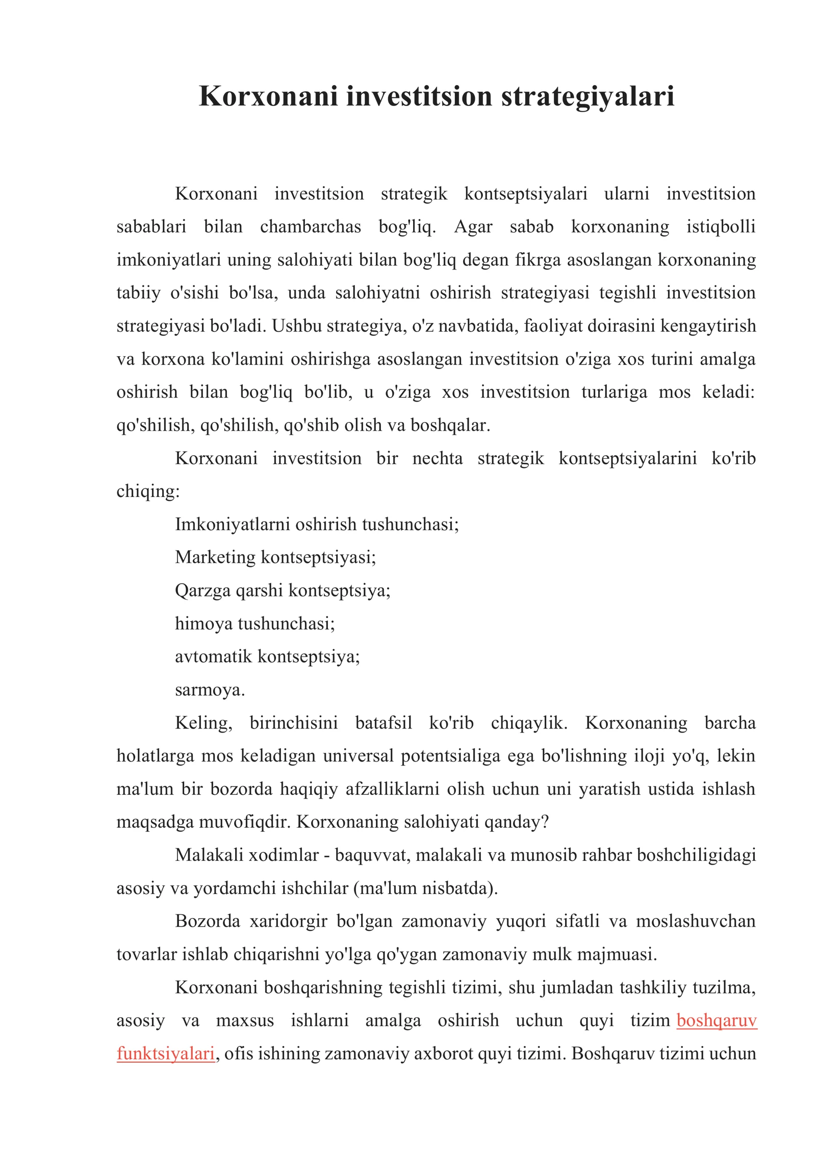 Korxonani investitsion strategiyalari