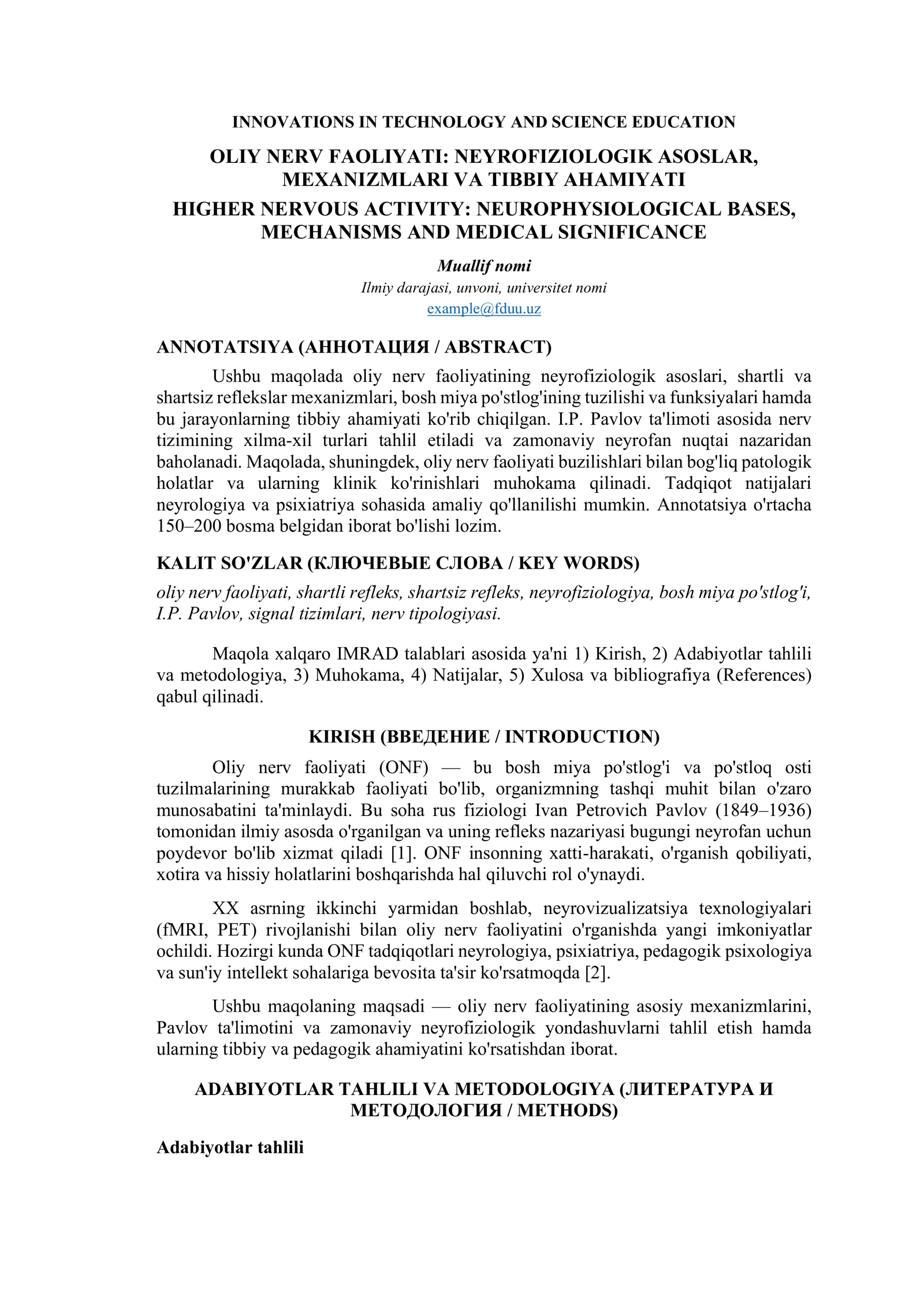 OLIY NERV FAOLIYATI: NEYROFIZIOLOGIK ASOSLARI, MEXANIZMLARI VA TIBBIY AHAMIYATI