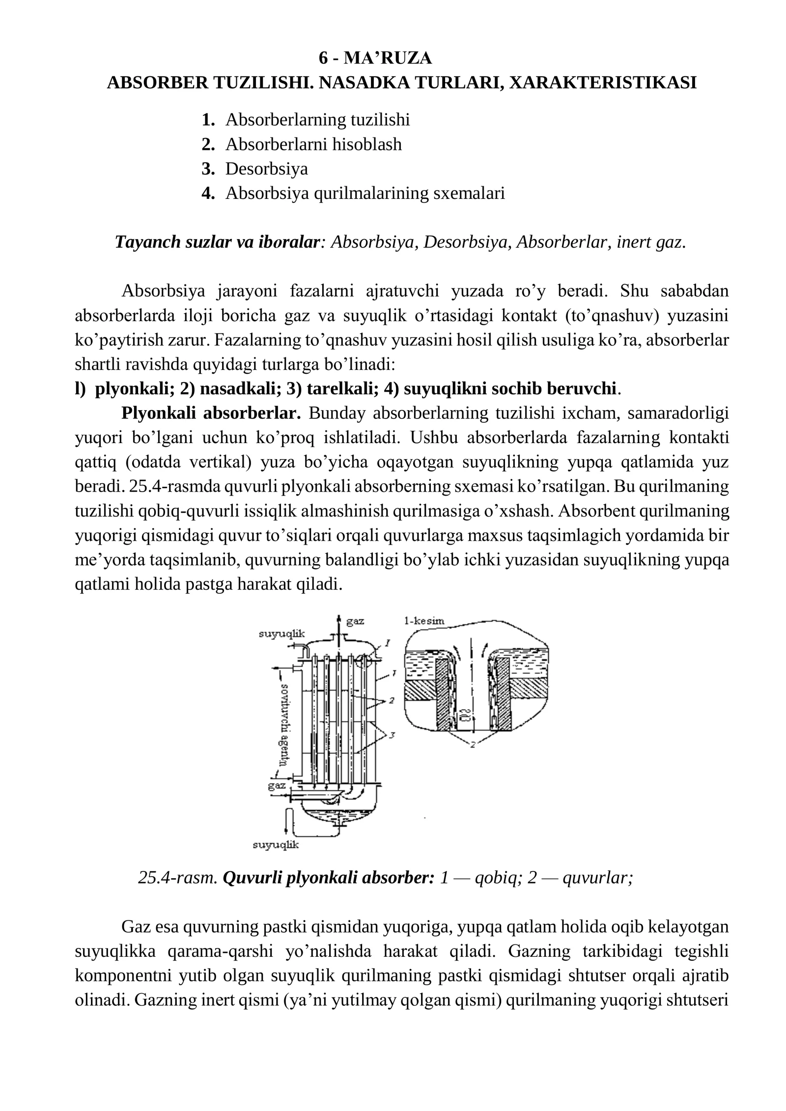ABSORBER TUZILISHI. NASADKA TURLARI, XARAKTERISTIKASI