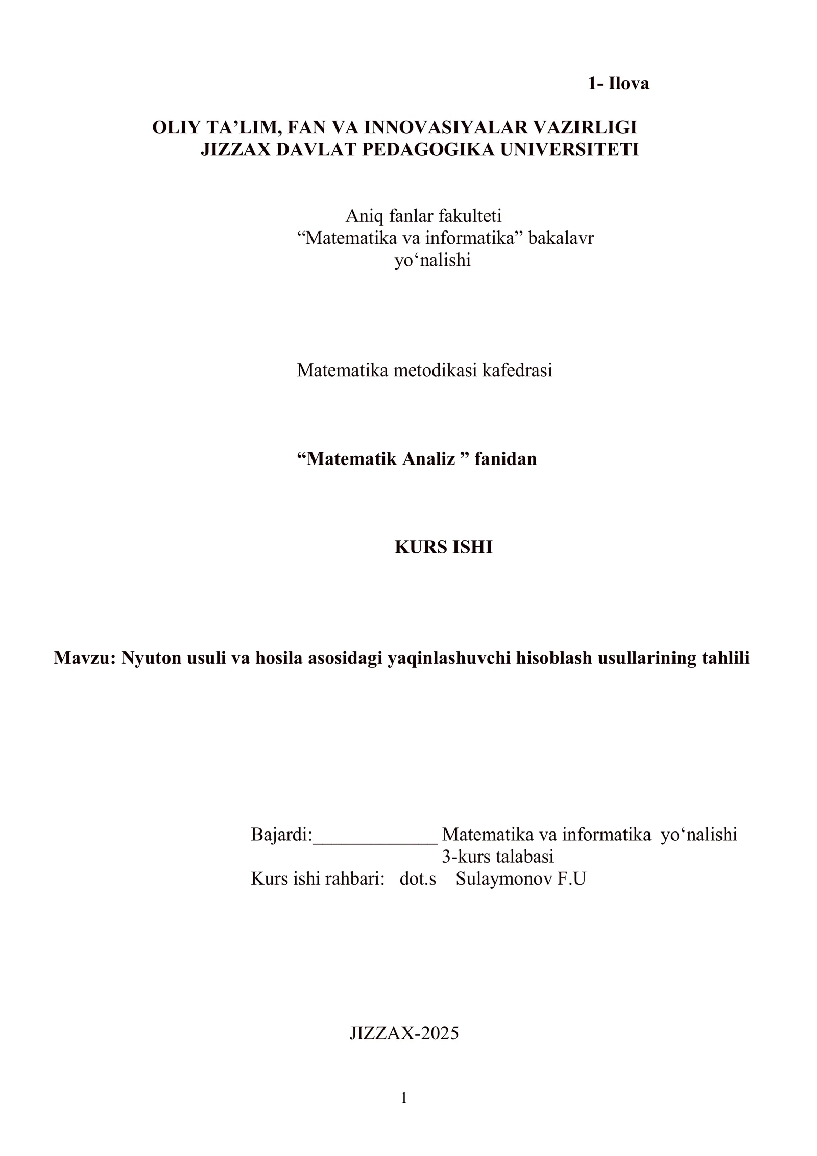 Nyuton usuli va hosila asosidagi yaqinlashishni hisoblash usullari
