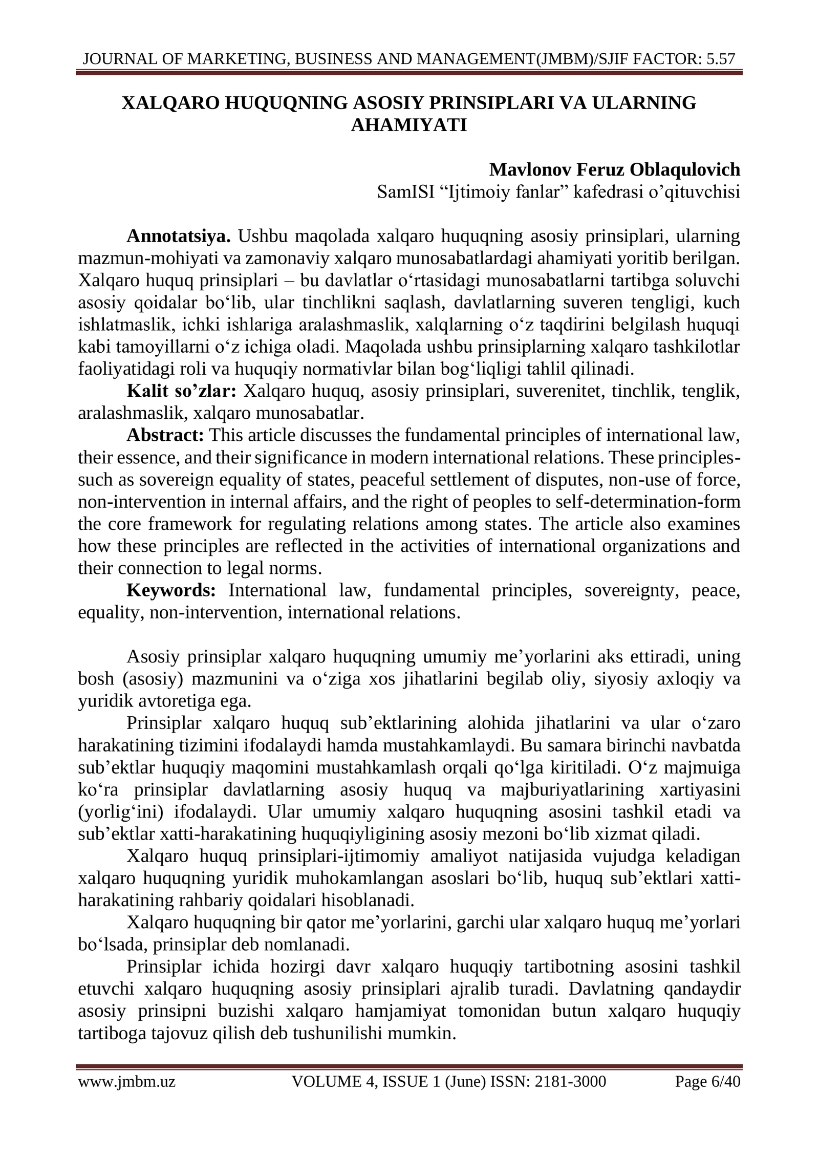 XALQARO HUQUQNING ASOSIY PRINSIPLARI VA ULARNING AHAMIYATI