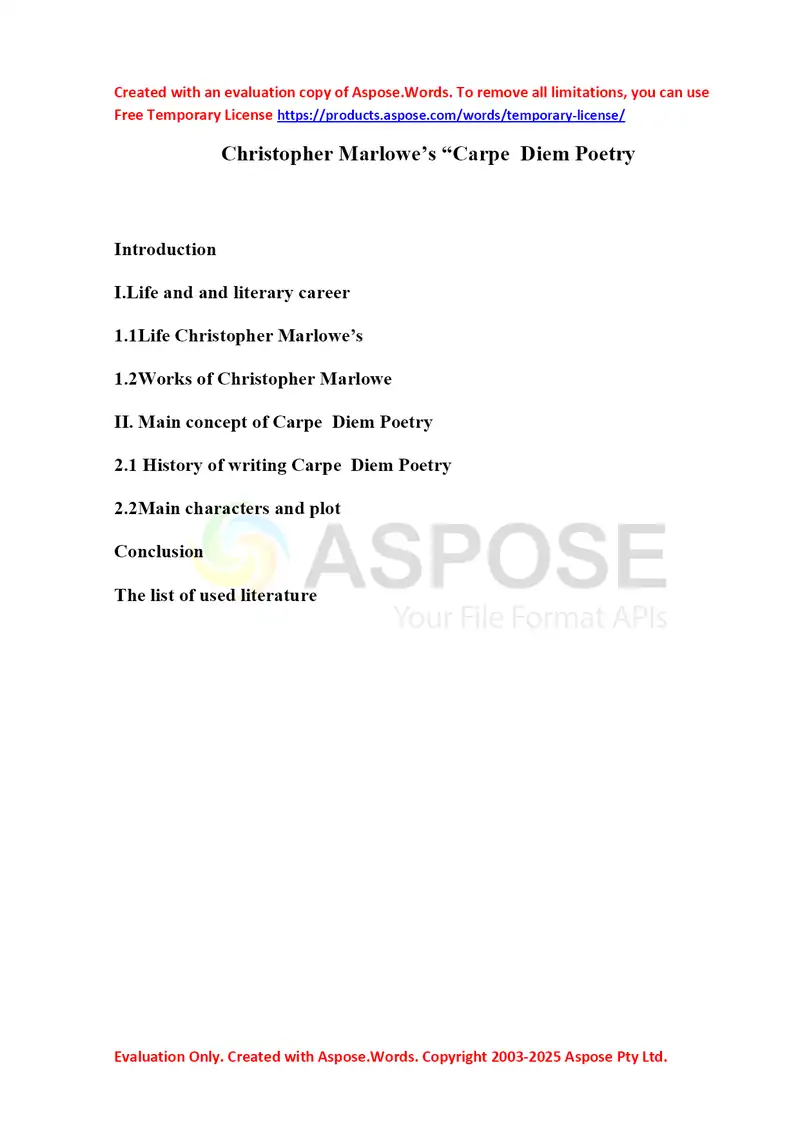 Christopher Marlowe’s “Carpe Diem Poetry