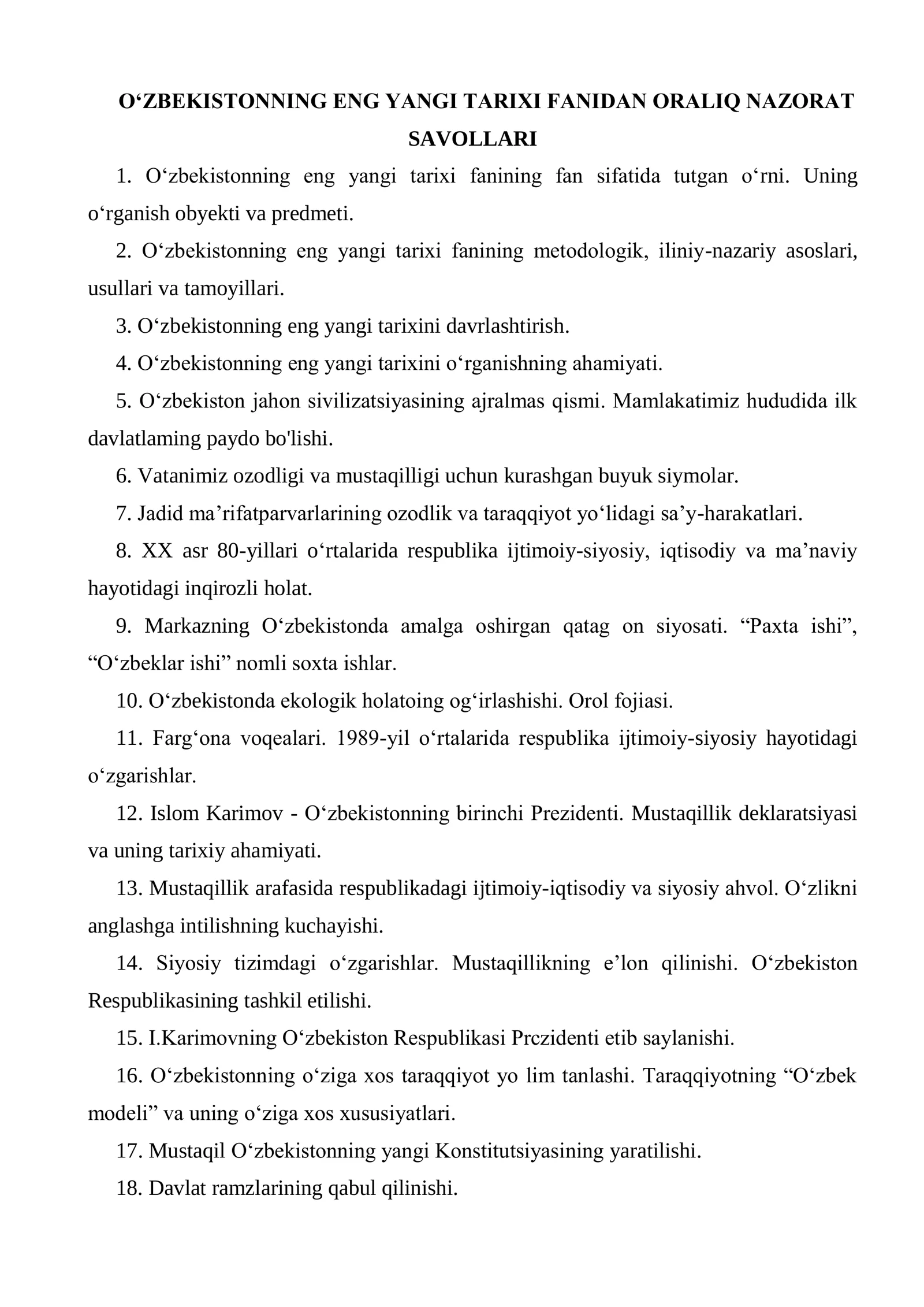 O'ZBEKISTONNING ENG YANGI TARIXI FANIDAN ORALIQ NAZORAT SAVOLLARI