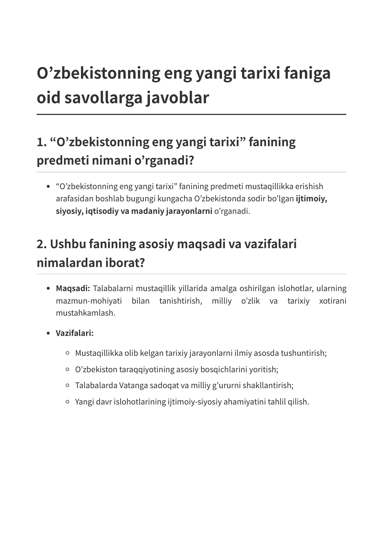O’zbekistonning eng yangi tarixi faniga oid savollarga javoblar