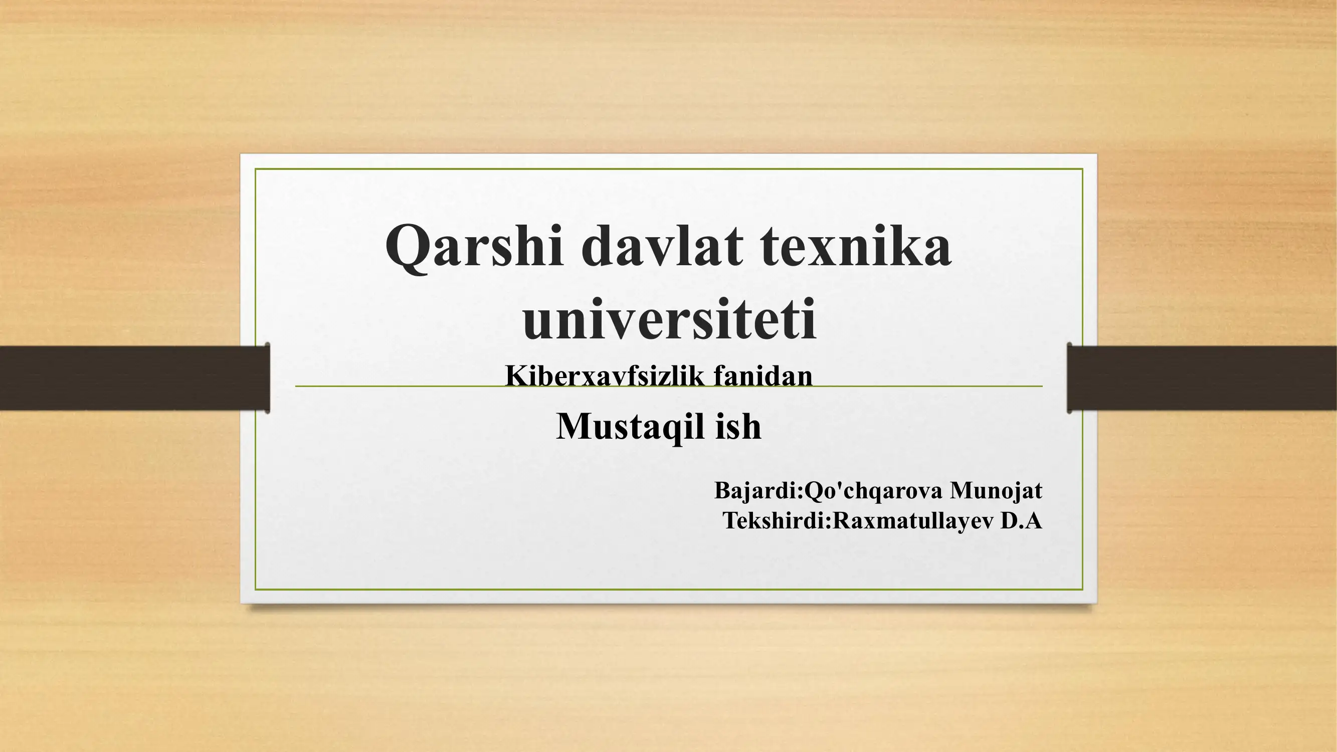 Kiberxavfsizlikka oid milliy va xorijiy miyoriy-huquqiy xujjatlar tahlili 2.Axborotni himoyalashning kriptografik usullari 3.Enigma shifrlash mashinasi va uning bardoshliligi 4.Axborotni foydalanuvchanligini ta'minlashda antivirus, IDS, IPS, TE vositalari