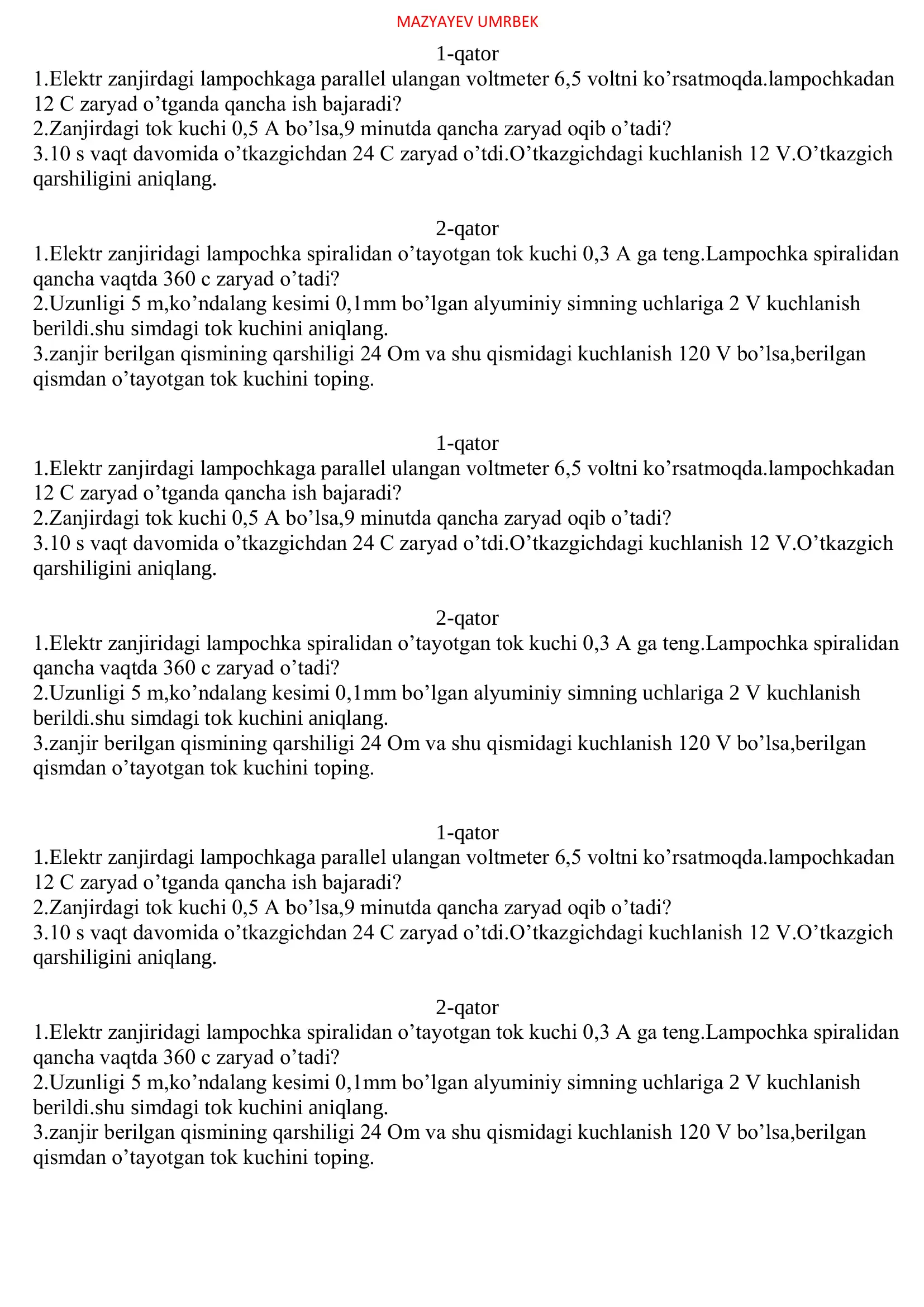 Elektr zanjirdagi lampochkaga parallel ulangan voltmeter
