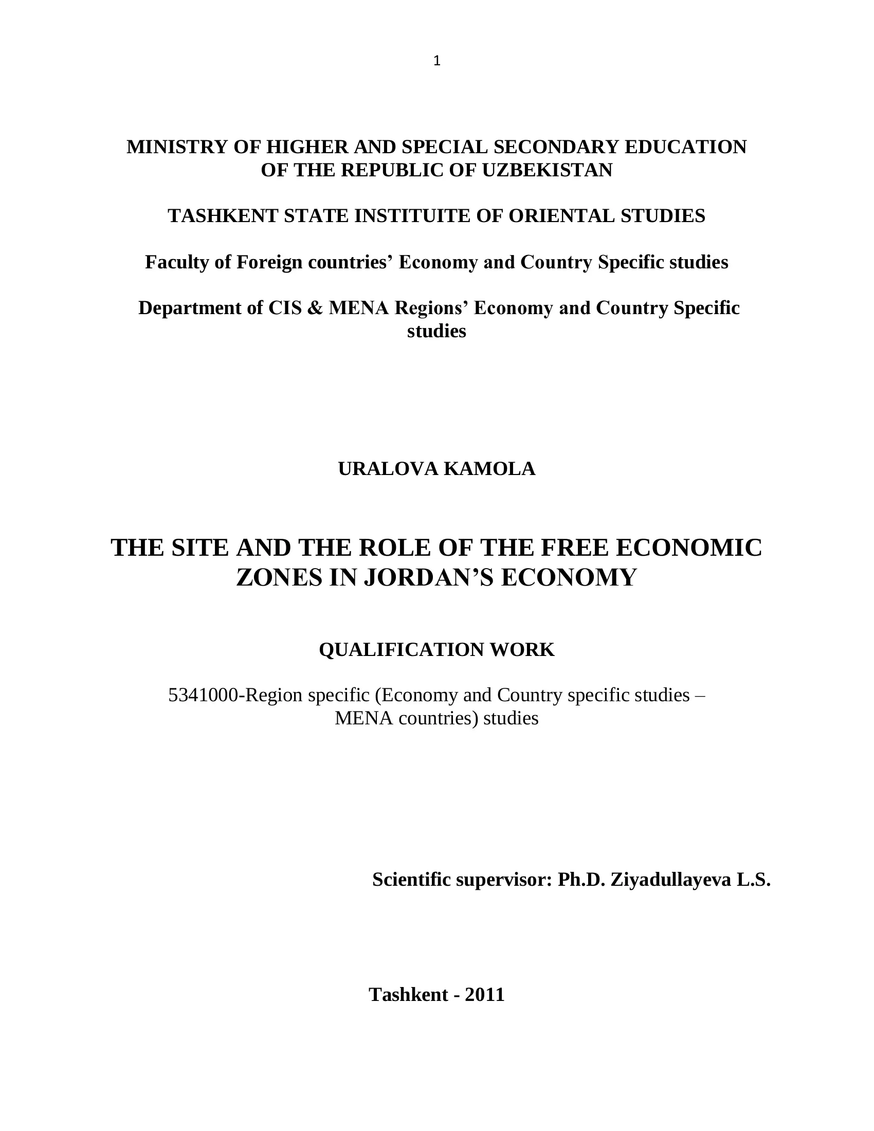 THE SITE AND THE ROLE OF THE FREE ECONOMIC ZONES IN JORDAN’S ECONOMY
