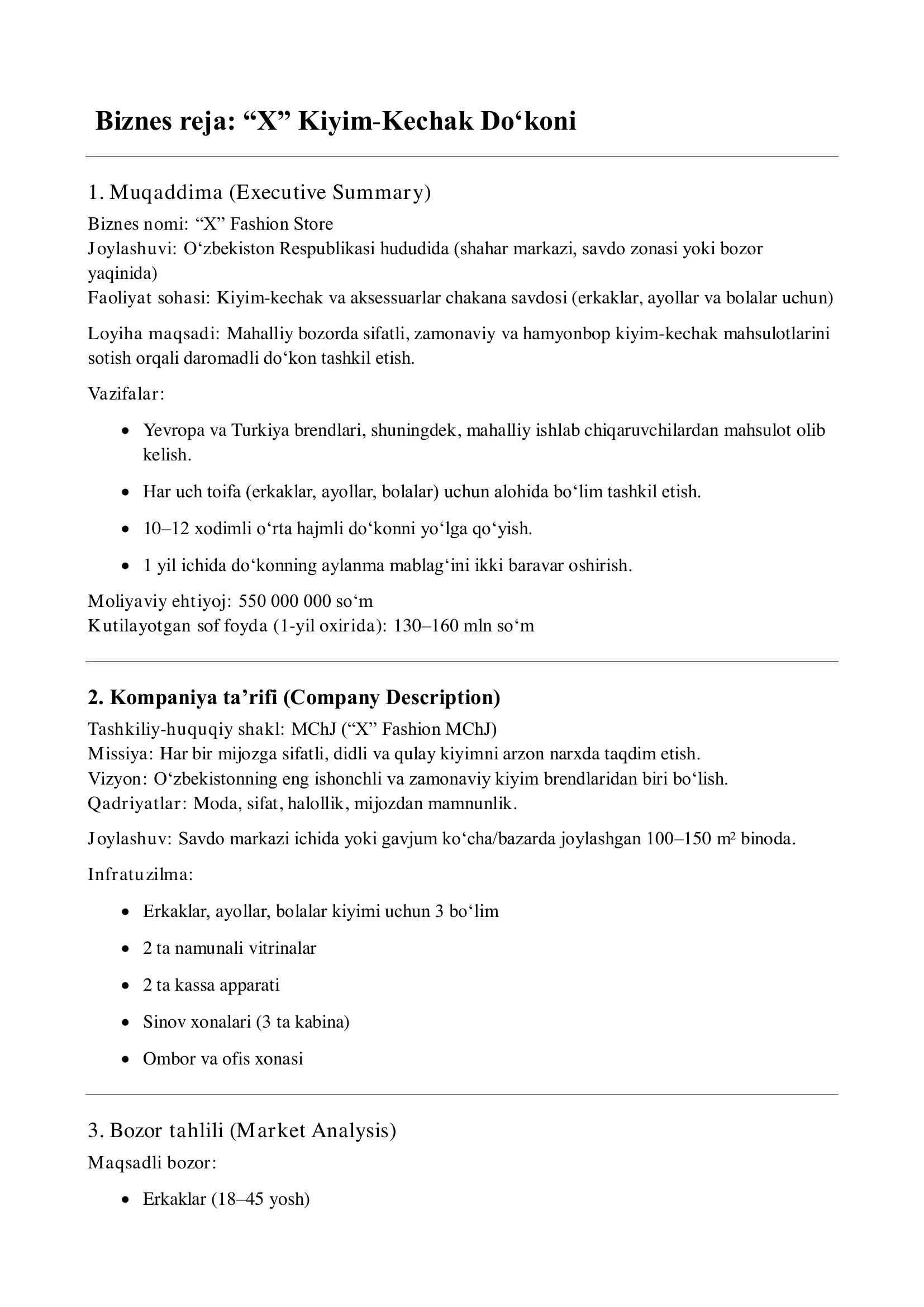 Kiyim-Kechak Do‘koni ochish