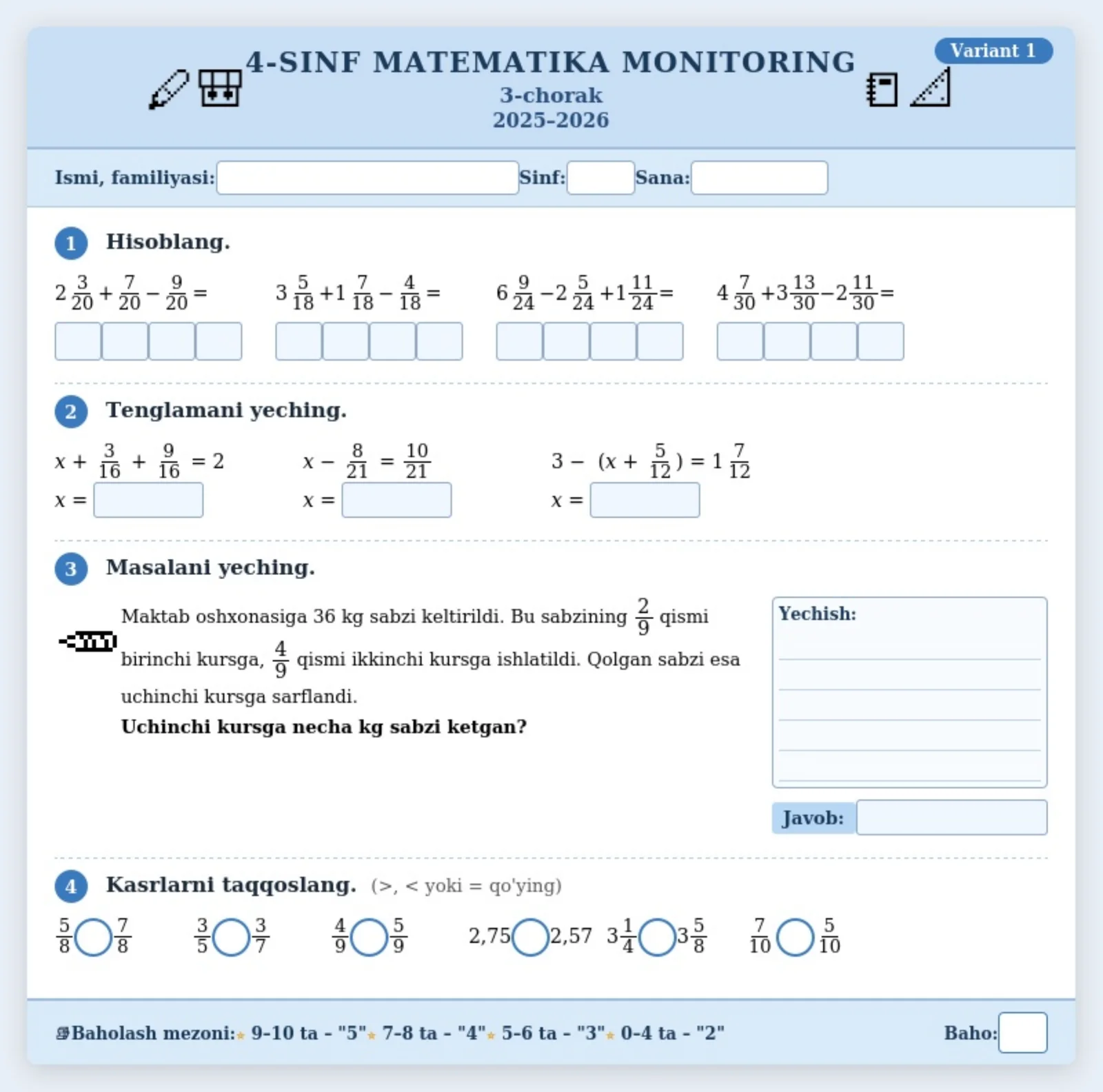 4-sinf o'quvchilariga matematika fanidan monitoring misol va masalalar (30 ta variant).