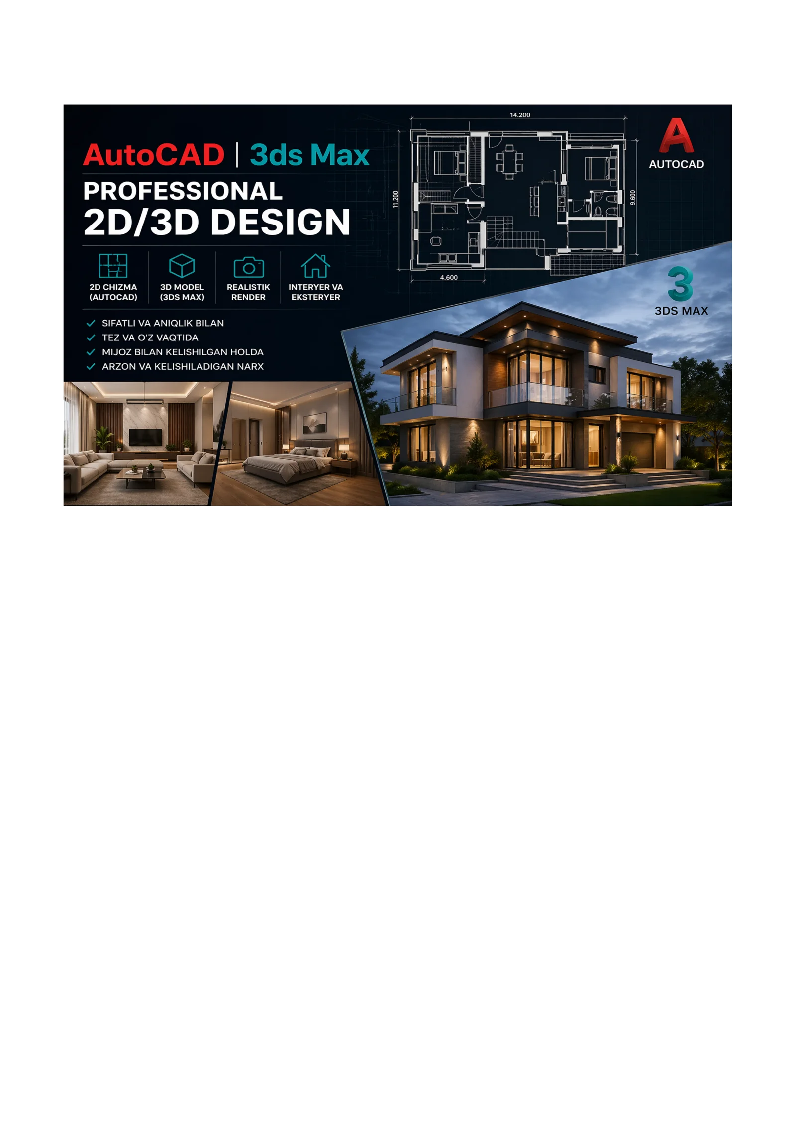 AutoCAD va 3ds Max orqali 2D/3D chizmalar tayyorlash