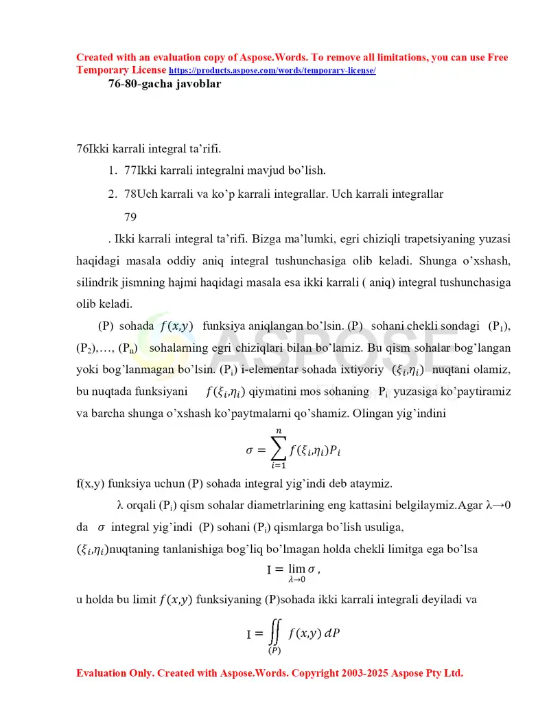 Ikki karrali integral ta’rifi va xossalari