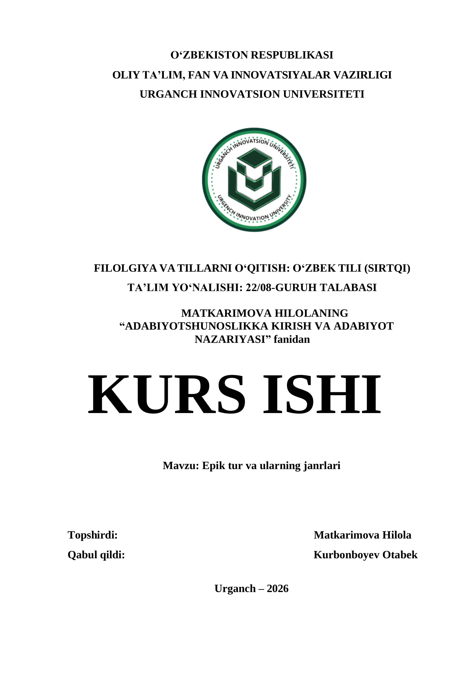 KURS ISHI: EPIK TUR VA ULARNING JANRLARI