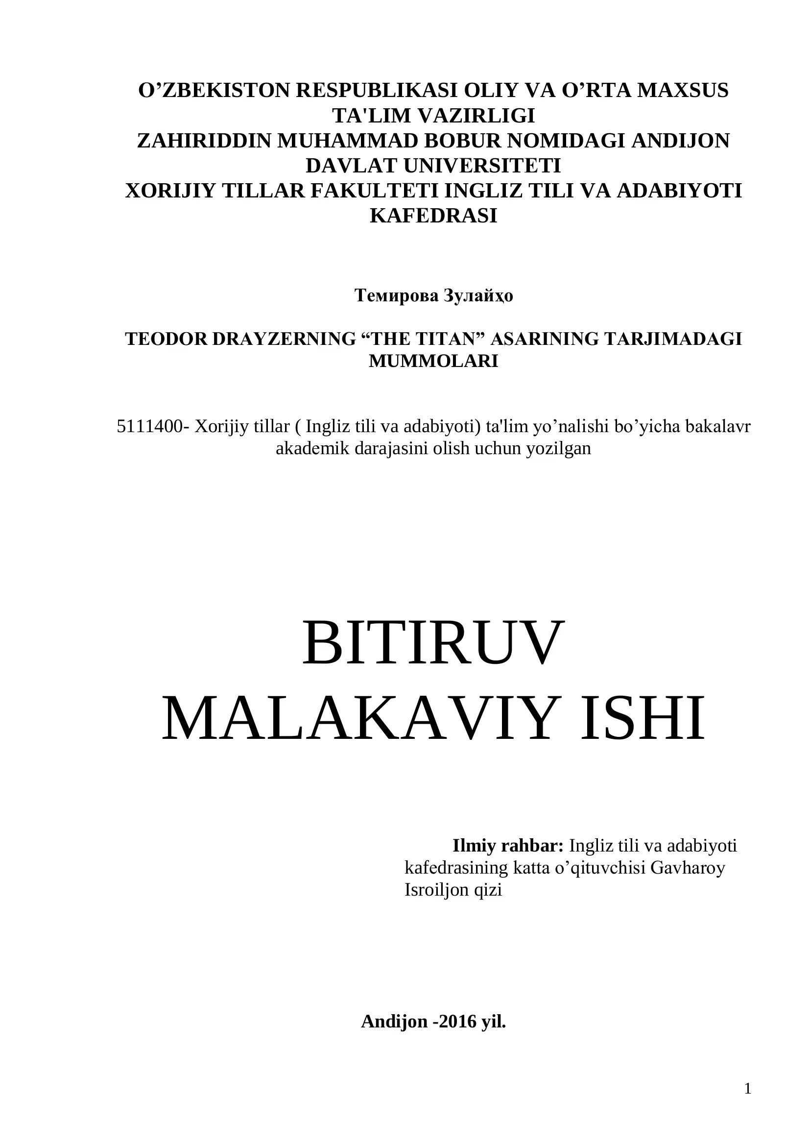 TEODOR DRAYZERNING “THE TITAN” ASARINING TARJIMADAGI MUMMOLARI