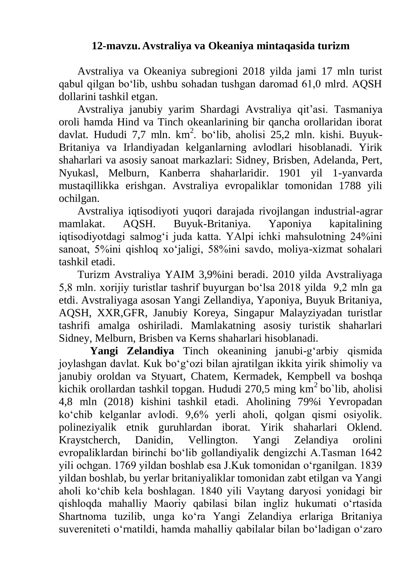 12-mavzu. Avstraliya va Okeaniya mintaqasida turizm