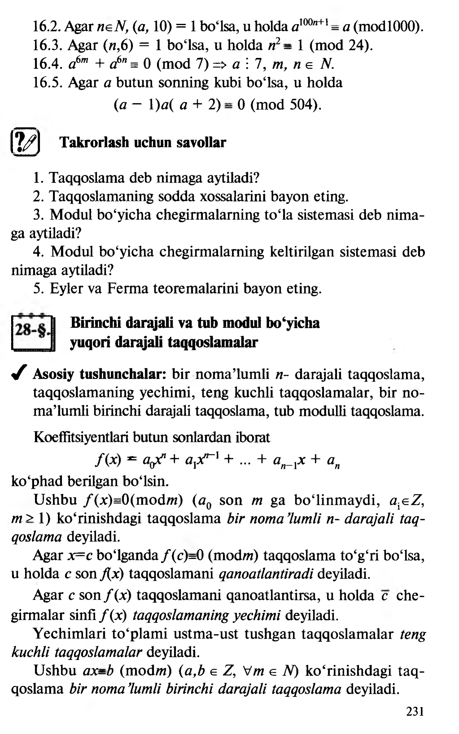 Taqqoslamalar va modul cheqishlar