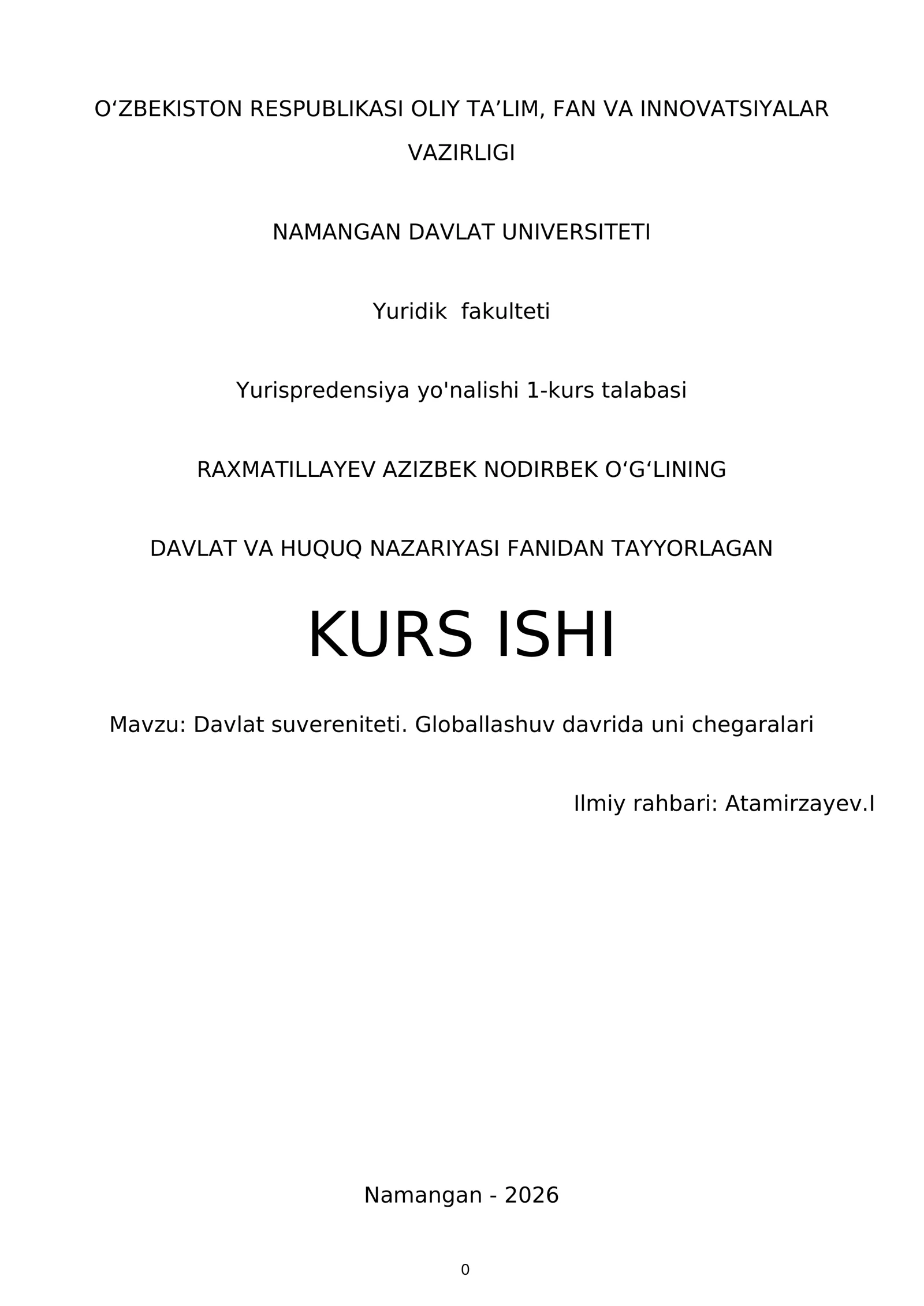 DAVLAT VA HUQUQ NAZARIYASI FANIDAN TAYYORLAGAN KURS ISHI
