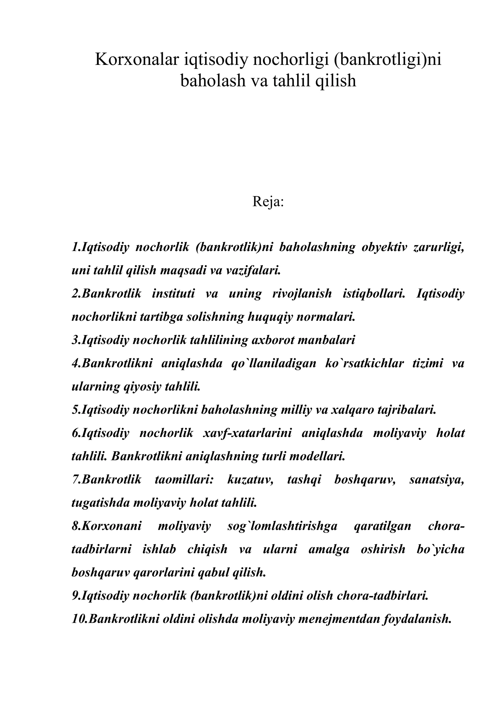 Korxonalar iqtisodiy nochorligi (bankrotligi)ni baholash va tahlil qilish